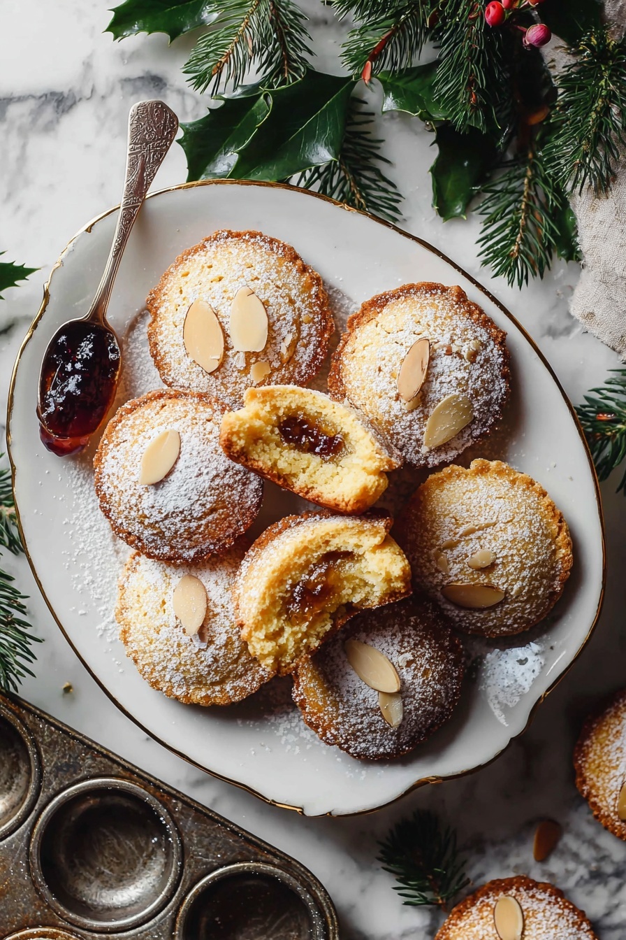Festive Mince Pies with Frangipane Topping, mince pie recipe, holiday pastry ideas, almond frangipane topping, Christmas dessert recipes - The image shows a white plate with a gold rim holding eight round golden-brown almond cakes, each cake topped with thin pale almond slices and a light dusting of powdered sugar. One cake is broken in half on top, revealing a soft, moist inside with a dark filling. The plate is placed on a white marbled surface decorated with dark green pine and holly leaves. To the left of the plate, there is a spoon with a dark fruit jam sitting on the edge of the plate. A vintage metal baking tray with empty round molds is partially visible underneath and next to the plate. photo taken with an iphone --ar 2:3 --v 7