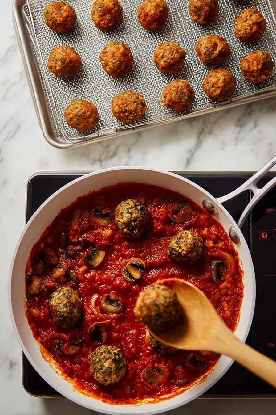 Chicken Florentine Meatballs, Chicken Florentine Meatballs with Spaghetti Squash, healthy Italian meatballs, low-carb chicken meatballs, spinach and parmesan meatballs - The image shows a white pan filled with thick red tomato sauce mixed with sliced mushrooms and several round green and brownish meatballs scattered on the sauce's surface. A wooden spoon is lifting one meatball from the sauce, and the pan is placed on a white induction stove. To the left of the pan, there is a metal baking tray with nine similar round meatballs arranged in rows on a wire rack. The background is a white marbled surface. photo taken with an iphone --ar 2:3 --v 7