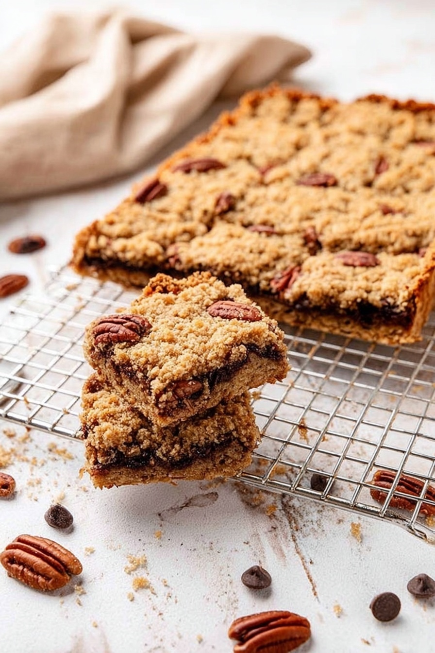 Chocolate Caramel Bars, easy caramel bar recipe, homemade chocolate bars, indulgent dessert bars, caramel and chocolate treats - The image shows a close-up view of a thick bar on a metal cooling rack. The bar has two main layers: the bottom layer is light brown with a crumbly, oat-like texture, and the top layer is golden and slightly crisp with visible oats. Inside, a middle layer contains melted dark chocolate chips mixed with pecan pieces that are dark brown and shiny. The edges of the bar are rough, and extra pecans are scattered around on the white marbled surface below the rack. Photo taken with an iphone --ar 2:3 --v 7