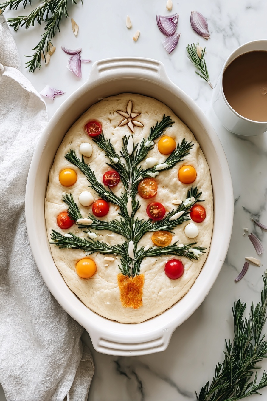 Christmas Tree Focaccia, festive focaccia bread, holiday bread recipes, homemade Christmas focaccia, easy holiday bread - The dish is a round, thick layer of pale dough laid flat inside a white oval baking dish. On top of the dough, there is a rosemary shaped like a Christmas tree, with green needle-like leaves. The rosemary is decorated with red, orange, and yellow small round tomatoes and whole white pearl onions, scattered evenly like ornaments. At the bottom, a small piece of orange bread acts as the tree trunk, and at the top, five small slivered almonds form a star shape. Thin slices of red onion are placed vertically under the rosemary branches, adding a touch of purple to the design. The dish sits on a white marbled surface with a white cloth and a cup of coffee nearby, along with rosemary sprigs and red onion slices scattered around. photo taken with an iphone --ar 2:3 --v 7