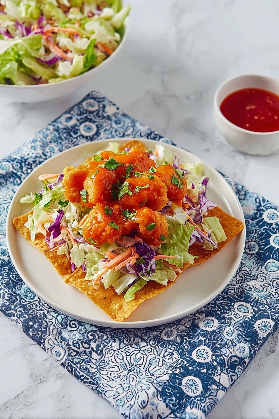 Crispy Asian Chicken Salad on Egg Roll Base, Asian chicken salad, crispy egg roll salad, quick Asian chicken recipe, Chinese-inspired chicken salad - The image shows a white plate on a patterned blue and white cloth, placed on a white marbled surface. On the plate, there is a single crispy, golden brown square tortilla chip as the base layer. Above it is a layer of fresh salad made of chopped green and purple cabbage, lettuce, and thin carrot strips mixed with some dressing, giving it a creamy texture. On top of the salad lies a few pieces of golden fried chicken strips coated with a bright orange-red sauce and sprinkled with chopped green herbs. To the upper left of the plate, there is a white bowl filled with extra salad, and to the right, a small white bowl holds red dipping sauce. photo taken with an iphone --ar 2:3 --v 7