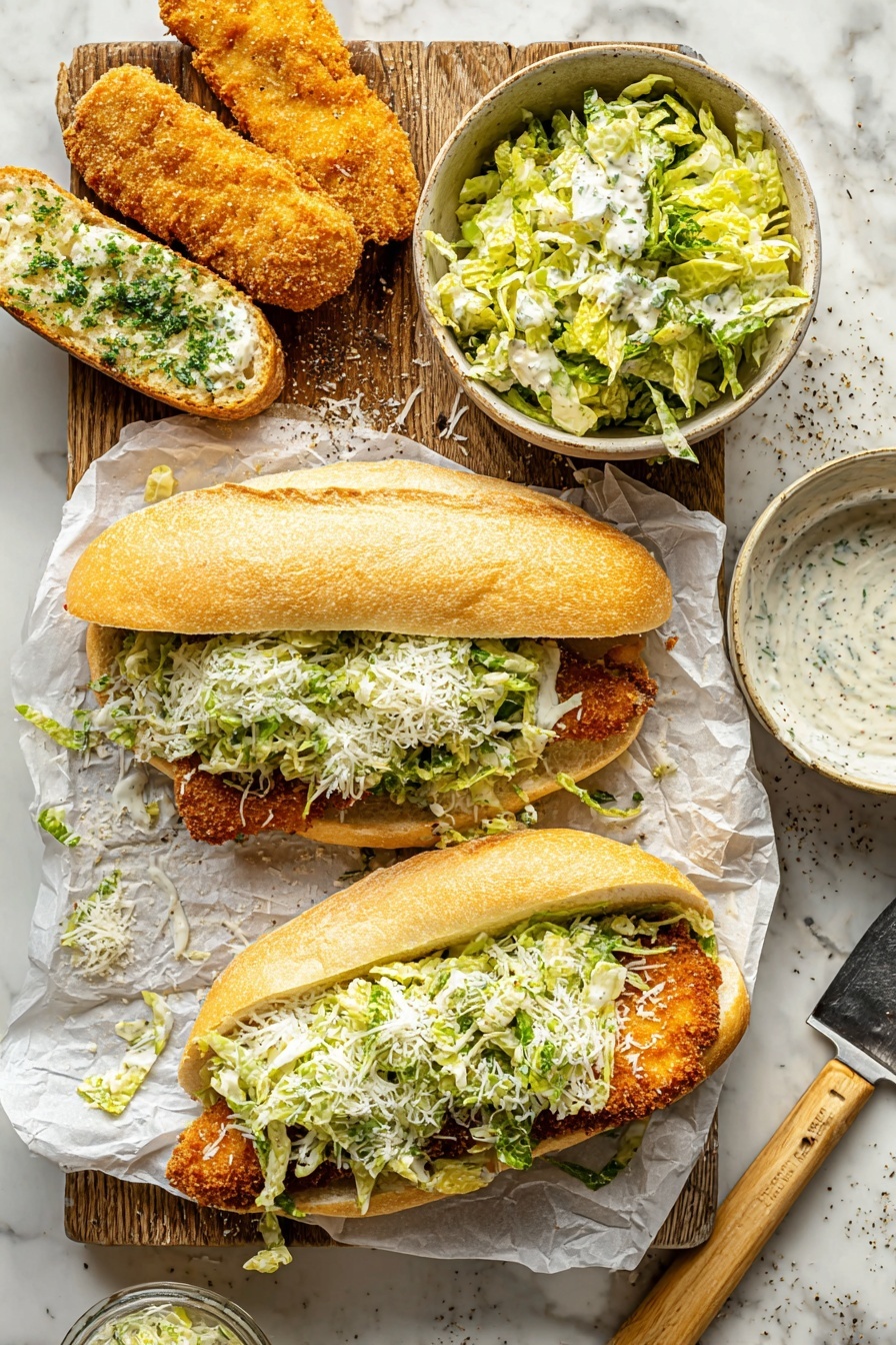 Chicken Caesar Sandwiches, Caesar chicken sandwich, crispy chicken sandwich, homemade Caesar dressing, easy chicken sandwich recipes - The image shows two sandwiches placed on white parchment paper over a wooden board with a white marbled surface beneath. Each sandwich has a light brown, crusty sandwich roll sliced open, filled with a golden-brown crispy fried cutlet as the bottom layer. On top of the cutlets is a generous layer of fresh, bright green shredded lettuce mixed lightly with a creamy dressing. The sandwiches are sprinkled with white grated cheese, adding a snowy texture on top. On the board above the sandwiches, there are two extra crispy fried cutlets side by side. To the left, there is a toasted white bread slice spread with green herb and butter mix. Next to it, a small rustic bowl contains creamy white sauce topped with black pepper. At the upper right corner of the board, a bowl holds more lettuce salad, coated lightly with the same creamy dressing and grated cheese. A metal spatula with a light wooden handle leans on the white marbled surface near the bowls. photo taken with an iphone --ar 2:3 --v 7