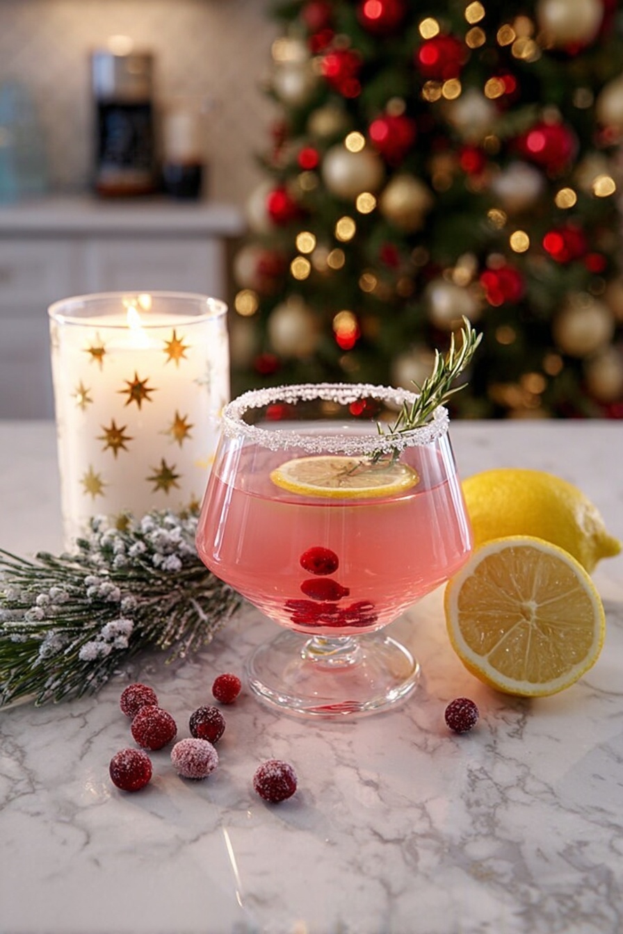 Festive Lemon Drop Cocktail, lemon drop cocktail, holiday cocktail recipes, festive drinks, cranberry lemon cocktail - A clear glass with a wide bowl holds a pink drink with a sugared rim, a slice of yellow lemon, a small green rosemary sprig inside, and small red berries floating in the drink. The glass stands on a white marbled surface with scattered red berries around it. To the left, there is a lit white candle with gold star designs, and to the right, there is a half lemon and a small green pine branch decorated with red berries and white frost. In the background, a decorated Christmas tree with red and gold round ornaments is visible in a soft kitchen setting. photo taken with an iphone --ar 2:3 --v 7