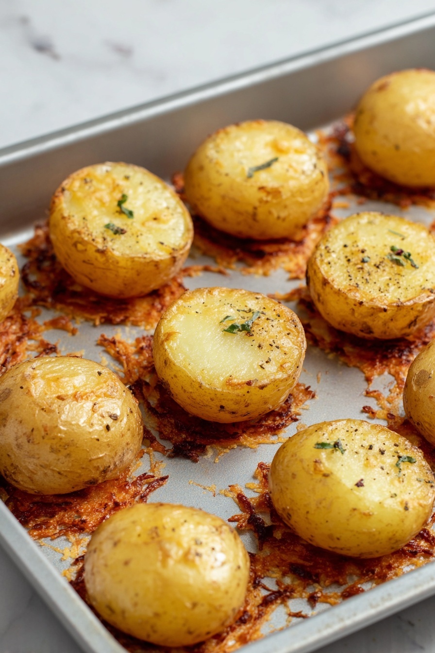 Cheese Crusted Yukon Gold Potatoes, baked cheese potatoes, crispy cheese potato crust, roasted garlic aioli with cheese crust, Yukon Gold potato side dish - This image shows half round golden-brown potatoes, nine of them, arranged in three rows on a metal baking tray. Each potato half sits on a crispy, slightly browned orange cheese layer that spreads thinly around the base, creating a textured ring on the tray. The potatoes have a smooth and slightly shiny skin with some herbs and black pepper sprinkled on them. The tray rests on a white marbled surface. The photo is taken with an iphone --ar 2:3 --v 7