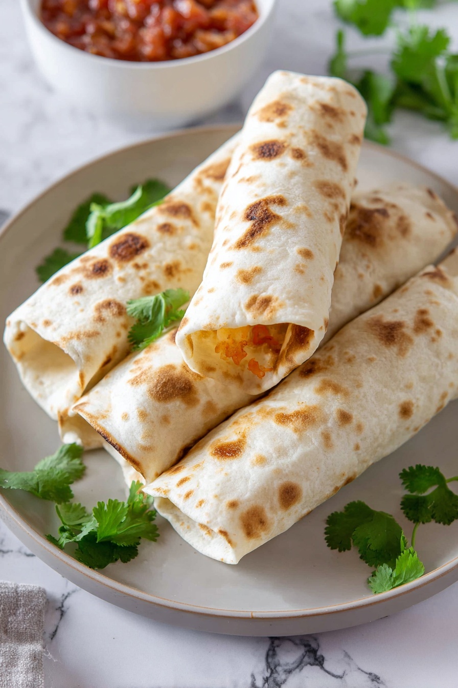 Cheesy Bean and Rice Burritos, cheesy bean and rice burritos, easy burrito recipes, vegetarian burrito ideas, quick weeknight dinners - Four lightly browned rolled tortillas with small brown spots are stacked on a white plate in the center of the image, with one placed on top and one slightly open, showing a hint of orange filling. Green cilantro leaves are scattered on the tortillas and gathered behind them on the plate. The plate sits on a white marbled surface. In the lower left corner, part of a white bowl filled with chunky red salsa is visible. Photo taken with an iphone --ar 2:3 --v 7