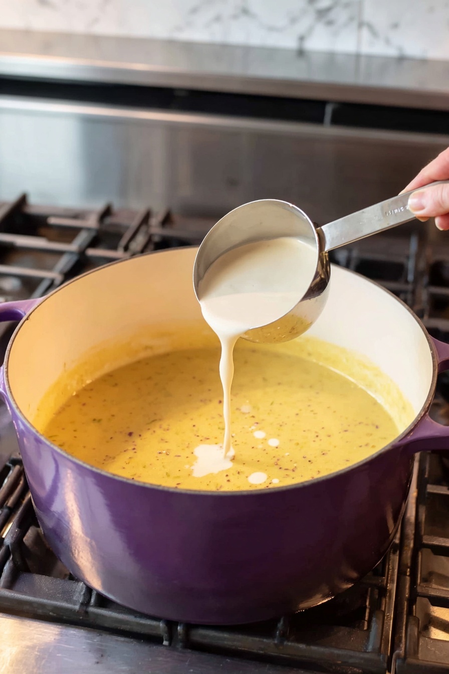 Creamy Potato Leek Soup, potato leek soup, easy creamy soup, comforting soup recipes, leek and potato soup - A large purple pot with a white inside holds a thick yellow soup or sauce with small dark specks. A woman's hand is holding a metal measuring cup pouring a light cream-colored liquid into the pot. The pot sits on a gas stove, and the background shows stainless steel and white marbled surfaces. The image is bright with natural light. photo taken with an iphone --ar 2:3 --v 7