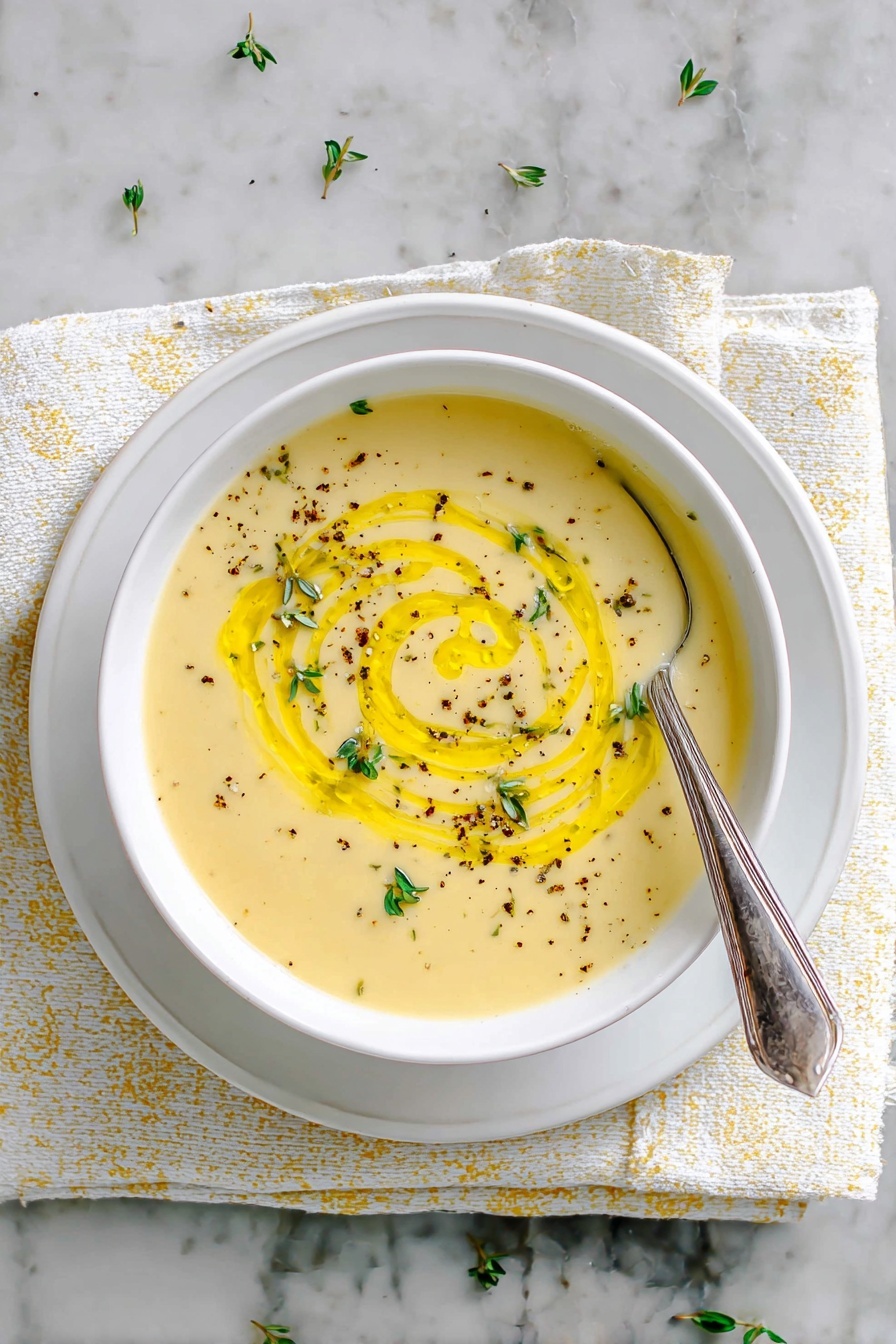 Creamy Potato Leek Soup, potato leek soup, easy creamy soup, comforting soup recipes, leek and potato soup - A white bowl filled with smooth, creamy light beige soup sits in the center. On top, there is a spiral of bright yellow oil and small green herb leaves scattered around, along with a light sprinkle of black pepper. A silver spoon rests on the right edge of the bowl. The bowl is placed on a white plate that holds a white and light yellow patterned cloth. The background shows a white marbled texture with small green herb sprigs scattered around. photo taken with an iphone --ar 2:3 --v 7