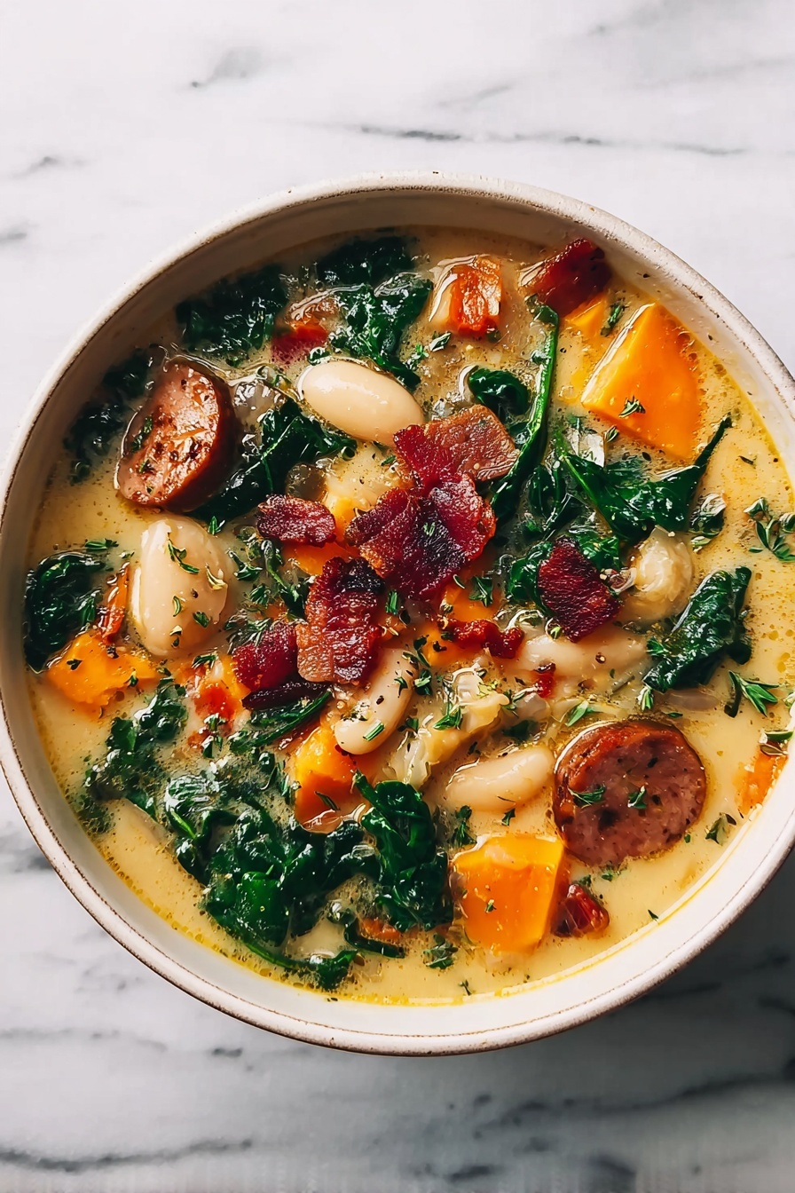 Butternut Squash and Sausage Soup, hearty fall soup, creamy butternut squash soup, sausage and bacon soup, comforting winter recipes - A white bowl filled with creamy soup containing soft orange chunks, large white beans, bright green leafy vegetables, slices of browned sausage, and crispy dark red bacon pieces scattered on top. The soup is light beige in color, with visible green herbs sprinkled throughout. The bowl sits on a white marbled surface. Photo taken with an iphone --ar 2:3 --v 7