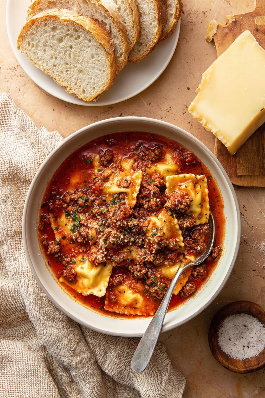 Cheese Ravioli Soup with Beef, hearty cheese ravioli soup, easy beef and ravioli soup, comforting Italian soup, quick ravioli beef soup - A white bowl filled with ravioli in a rich red tomato sauce, topped with browned ground meat and small green herb pieces scattered over the top. The ravioli are pale yellow with crimped edges visible beneath the sauce. A silver spoon rests inside the bowl on the right side. Above and to the right of the bowl is a white plate holding three slices of crusty brown bread with light flour dusting on the edges. The bowl and plate sit on a warm-toned surface, mostly covered by a beige textured cloth on the left side. In the bottom right corner, a wooden cutting board holds a block of pale yellow cheese with a slightly rough texture, next to a small round wooden bowl of coarse salt mixed with pepper. photo taken with an iphone --ar 2:3 --v 7