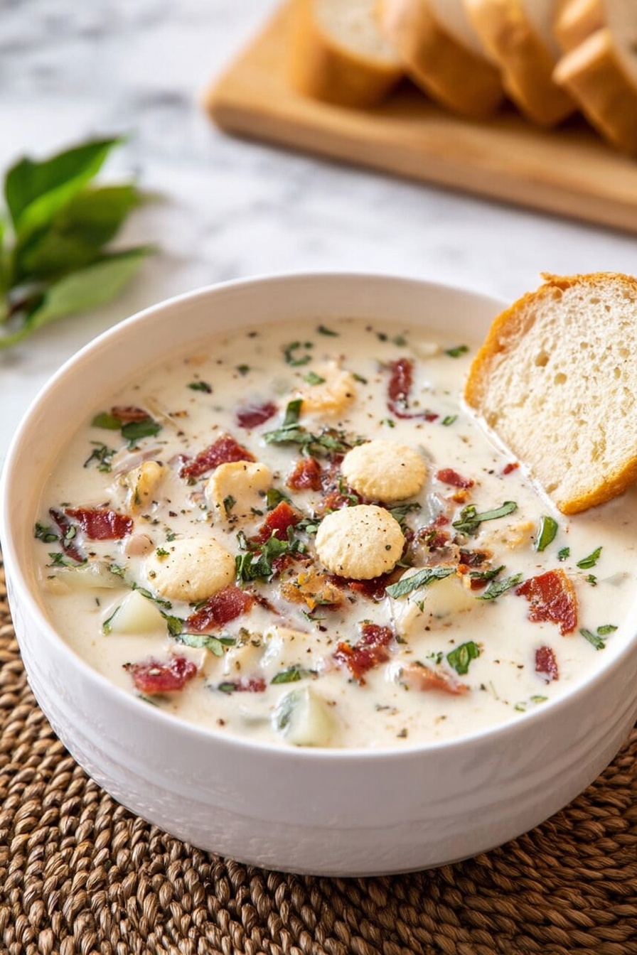 Creamy Clam Chowder, best clam chowder, hearty seafood soup, easy clam chowder recipe, comforting seafood soup - A white bowl filled with creamy white soup that has small pieces of red bacon, green herbs, and bits of white potato mixed throughout. On top of the soup, there are several small round oyster crackers scattered and a half piece of light brown bread resting on the edge of the bowl. The bowl sits on a woven brown mat on a white marbled surface. In the background, there is a blurry light brown wooden board with slices of bread. Photo taken with an iphone --ar 2:3 --v 7