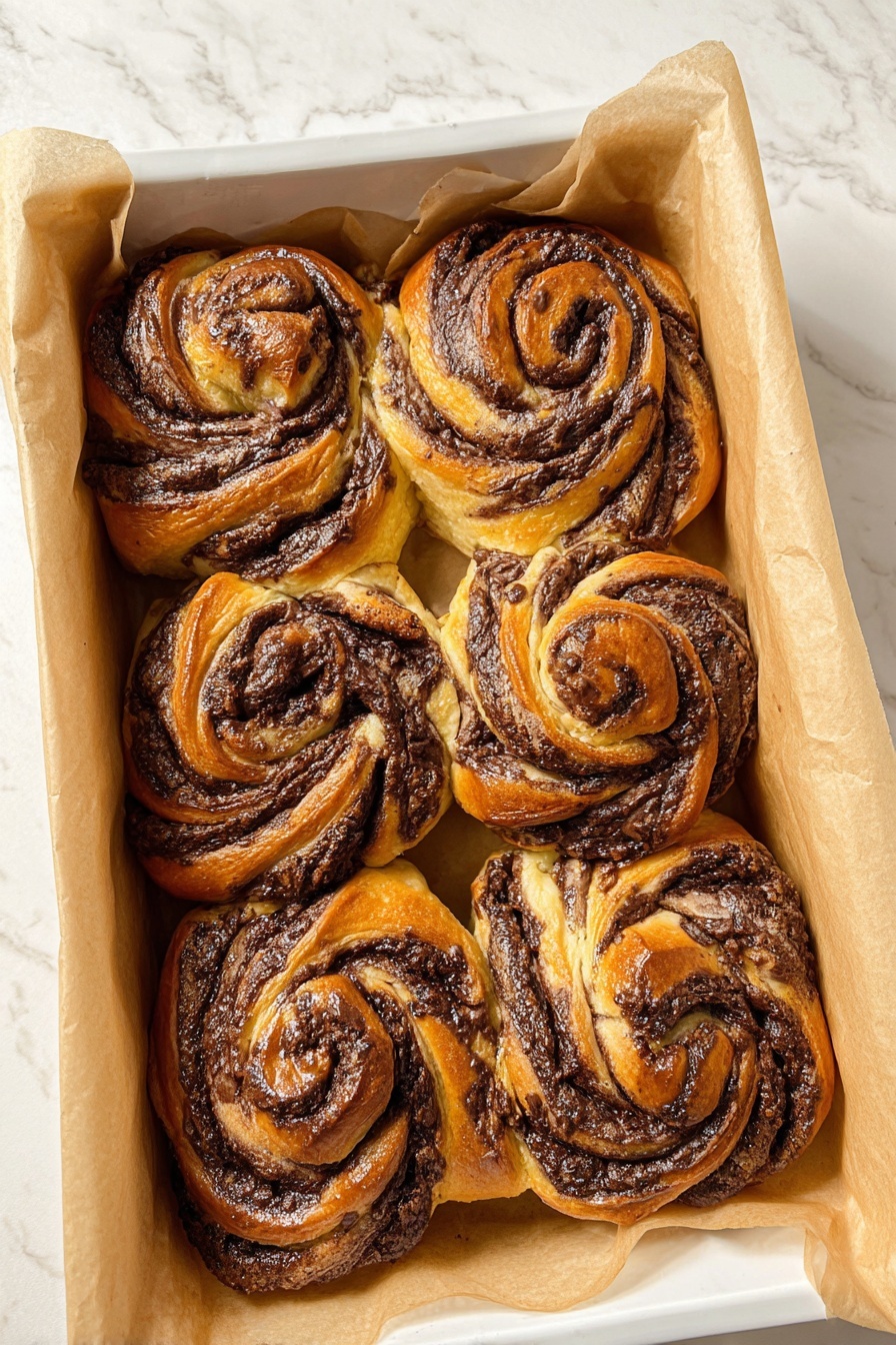 Chocolate Swirl Buns, chocolate buns recipe, fluffy chocolate buns, easy chocolate buns, breakfast chocolate buns - Four twisted buns with swirled layers of golden brown dough and dark chocolate filling are placed on a black wire cooling rack. The buns show a shiny, slightly crisp surface and textured, rich chocolate patterns that run through each twisted layer. The rack sits on a white marbled texture background, and there is soft natural light highlighting the glazes on the buns. Photo taken with an iphone --ar 2:3 --v 7
