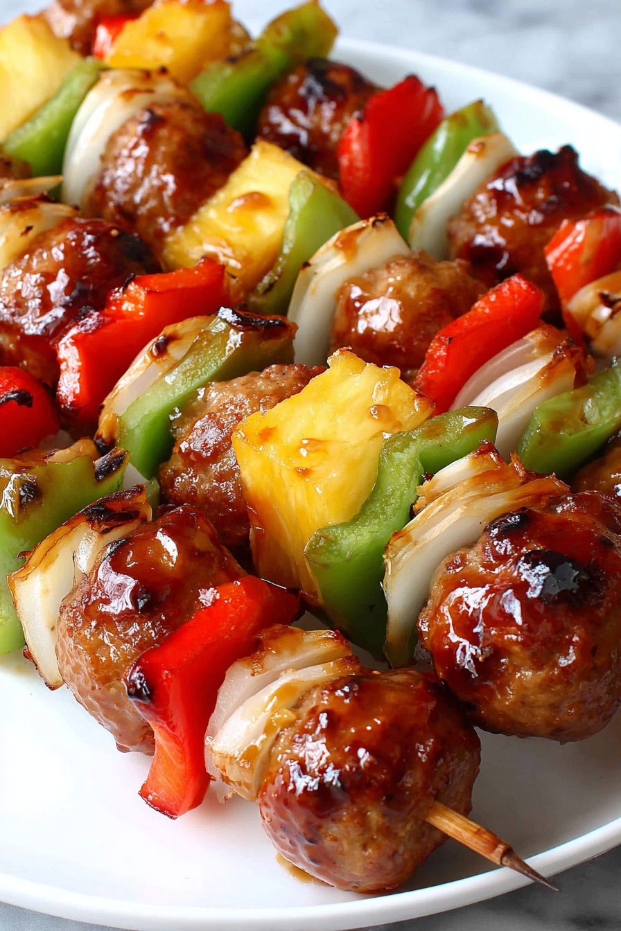 Sweet and Sour Meatball Kabobs, Meatball Kabobs with Sweet and Sour Sauce, Easy Meatball Kabobs Recipe, Colorful Meatball Skewers, Party Meatball Kabobs - The image shows several skewers placed side by side on a black grill. Each skewer has a repeating pattern of shiny brown meatballs, bright yellow pineapple chunks, red bell pepper pieces, green bell pepper pieces, and slices of white onion. The meatballs look juicy and glazed with sauce, giving them a glossy, dark brown color. The pineapple chunks are thick and have a slightly caramelized look. The onions are thin circular slices with a smooth texture, and the red and green bell peppers show a crisp, fresh texture. The skewers are arranged closely, covering the grill surface with colorful, layered ingredients. Smoke rises lightly from the grill, suggesting the food is hot and cooking. The background is a white marbled texture. photo taken with an iphone --ar 2:3 --v 7
