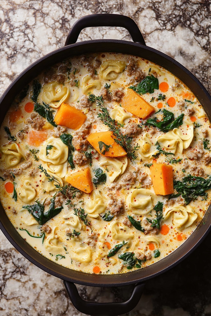 Creamy Sausage Tortellini Soup, hearty sausage tortellini soup, easy creamy tortellini soup, cozy weeknight soup recipes, flavorful Italian sausage soup - A black pan filled with a creamy soup that has three main layers: chunks of orange squash, yellow tortellini pasta, and small pieces of cooked ground meat spread evenly throughout. The soup base is light-colored cream with orange oil spots floating on top. Dark green spinach leaves and sprigs of fresh herbs are scattered on the surface. The pan is placed on a textured white marbled surface. photo taken with an iphone --ar 2:3 --v 7