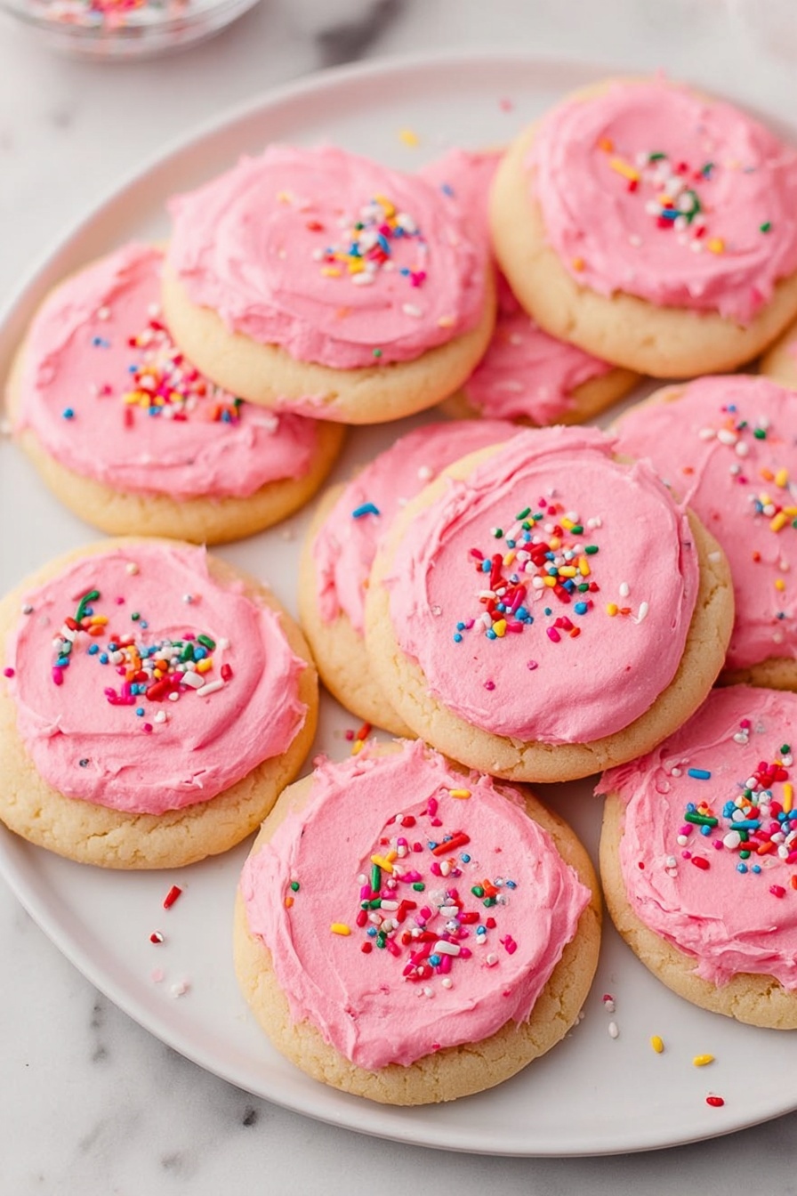 Soft Frosted Sugar Cookies, soft sugar cookies, easy sugar cookie recipe, frosting sugar cookies, melt-in-your-mouth sugar cookies - The image shows a white plate holding nine round cookies, each topped with a thick layer of bright pink frosting. The cookies have a light golden-brown color and slightly rough texture. The frosting is creamy with a smooth, slightly uneven spread on each cookie, sprinkled with colorful rainbow sprinkles in reds, whites, blues, yellows, and greens. The plate sits on a white marbled surface with some sprinkles scattered around the edges. Photo taken with an iphone --ar 2:3 --v 7