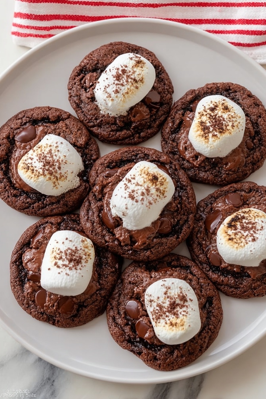 Hot Chocolate Cookies with Marshmallows, hot chocolate cookies, easy holiday cookies, chocolate marshmallow cookies, winter treat recipes - The image shows a white plate filled with seven round chocolate cookies, each topped with a single white toasted marshmallow that has a soft, smooth texture and a slightly browned surface. The cookies are dark brown with visible chunks of melted chocolate scattered across the top, giving a rich and glossy look. The cookies are arranged in a neat group, covering most of the plate. The background is a white marbled surface, and a red and white striped cloth is partially visible in the top left corner. photo taken with an iphone --ar 2:3 --v 7