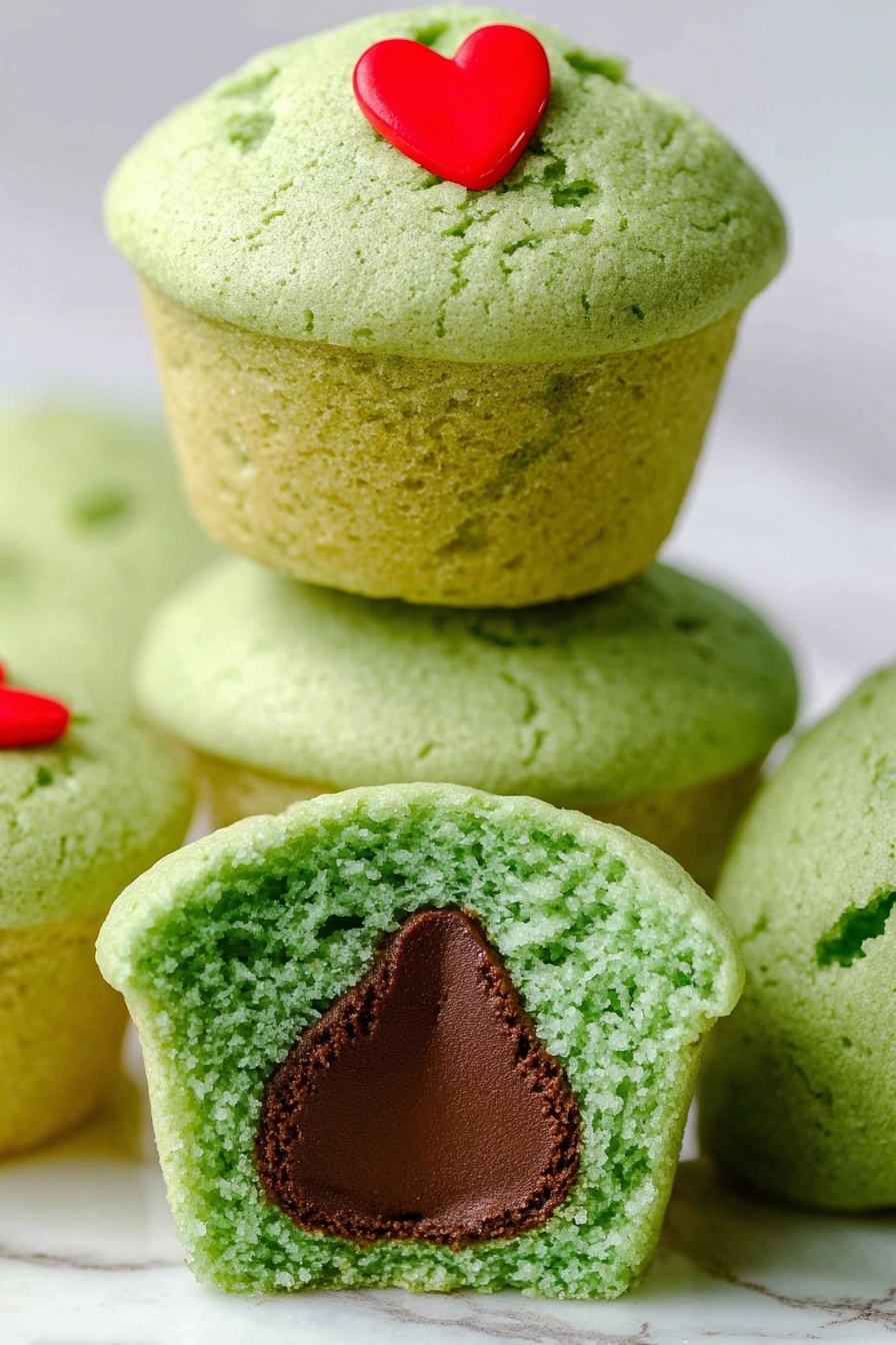 Grinch Cookies with Hershey’s Kisses, Christmas cookie recipes, holiday dessert ideas, festive cookie baking, easy holiday treats - The image shows a stack of green muffins with a soft texture, each with a fluffy top layer that has small cracks and a light green color. The top muffin has a small red heart decoration placed near the center of its domed top. The middle muffin is plain, showing the same green color with airy holes. In front, a muffin is cut in half, revealing two layers: the top fluffy green layer and a smooth chocolate layer shaped like a teardrop inside, topped with a small red heart decoration on the surface. The muffins sit on a white marbled surface with soft lighting. Photo taken with an iphone --ar 2:3 --v 7