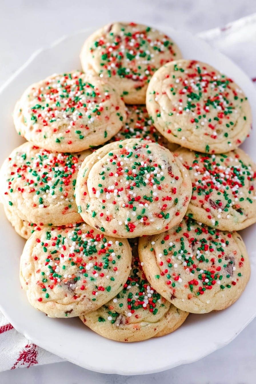 No-Roll Christmas Sprinkle Cookies, holiday sprinkle cookies, easy Christmas cookie recipe, no-bake holiday cookies, festive sprinkle sugar cookies - A white plate filled with twelve round cookies stacked in a slightly overlapping way. Each cookie is light golden brown with a soft texture and topped with colorful sprinkles in red, green, and white, scattered evenly across the surface. The cookies have visible darker spots where chocolate chips or similar small ingredients are baked inside. The plate sits on a white marbled surface, adding a clean, bright background to the image. Photo taken with an iphone --ar 2:3 --v 7