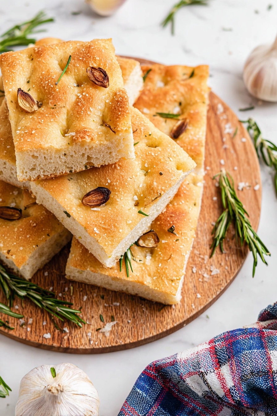 Garlic Rosemary Focaccia Bread, homemade focaccia, fluffy garlic focaccia, rosemary bread recipe, savory bread with garlic and rosemary - Several pieces of focaccia bread are stacked on a round wooden board. Each piece has a golden-brown crust with a rough texture, scattered with coarse salt grains. On top of the bread are small roasted garlic slices that are brownish, and fresh green rosemary sprigs adding a touch of color. The wooden board sits on a white marbled surface, with garlic bulbs and extra rosemary sprigs around it. A folded blue, white, and red plaid cloth is partly visible in the bottom right corner. photo taken with an iphone --ar 2:3 --v 7