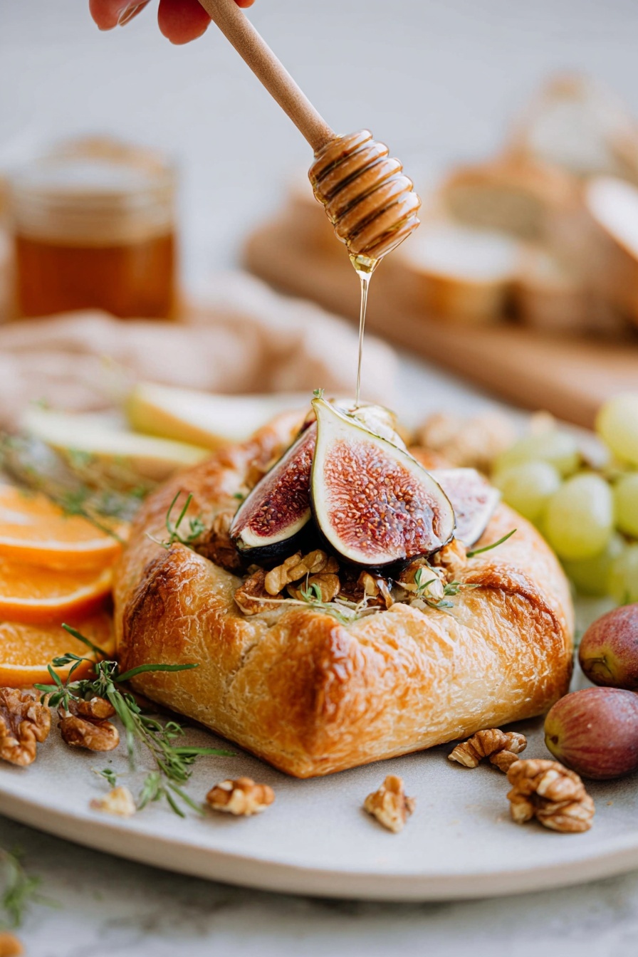 Baked Brie with Jam and Nuts, easy baked Brie appetizer, puff pastry Brie dish, festive cheese appetizer, Brie with sweet jam and nuts - The image shows a white plate on a white marbled surface filled with a variety of foods. At the center, there is a round golden-brown baked item with a glossy top, where a wedge has been taken out, revealing melted creamy cheese flowing out, mixed with small rice-shaped bits and walnuts on top. To the left, there are light green grapes and thin slices of green pear arranged in a fan shape. Near the edge of the plate are light round crackers stacked on top of each other. A knife with a white handle and a metallic blade is partially inserted into a small piece of bread with melted cheese. On top of the baked item, there are sliced figs with their pink inner flesh and tiny seeds visible, along with more walnuts and green herbs. The background shows a blurred jar and other fruits. Photo taken with an iphone --ar 2:3 --v 7