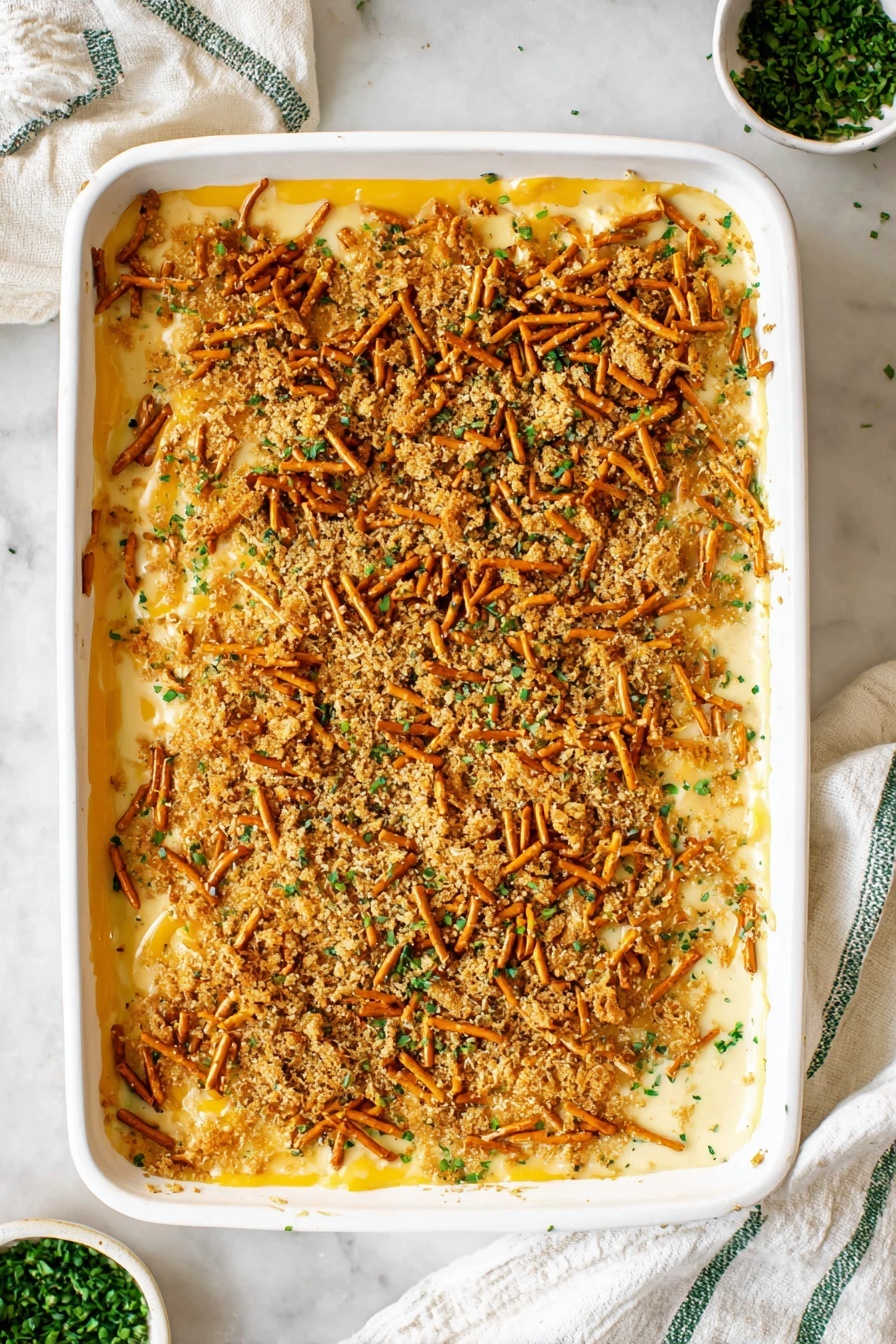 Creamy Baked Mac and Cheese with Pretzel Topping, cheesy baked mac and cheese recipe, crunchy pretzel topping mac and cheese, indulgent baked mac and cheese, easy cheesy baked pasta - The image shows a white rectangular baking dish filled with a creamy casserole that has three visible layers: the bottom layer is smooth and pale yellow, the middle layer is thick and cheesy with a golden creamy texture, and the top layer is a crunchy mix of crushed pretzel sticks and breadcrumbs scattered evenly, giving a textured brown and light tan surface with small bits of green herbs sprinkled throughout. The casserole edges overflow slightly with the creamy middle layer. The dish is placed on a white marbled surface with a white cloth with green stripes to the right and a small white bowl with chopped green herbs below. Photo taken with an iphone --ar 2:3 --v 7