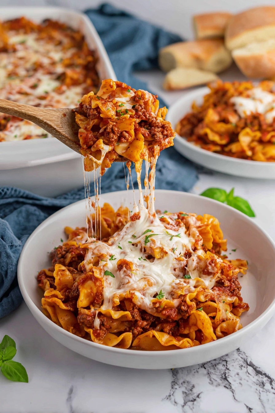 Homemade Lasagna Hamburger Helper, easy cheesy dinner recipes, quick ground beef pasta, homemade comfort food, family-friendly dinner ideas - In the image, there is a white plate on a white marbled surface with pasta mixed with a thick red-brown meat sauce spread across it. On top of the pasta, there is a dollop of white cream with a small green basil leaf placed on it. Thin green basil strips and a sprinkle of shredded white cheese are scattered around the pasta on the plate. A silver fork rests on the edge of the plate. Behind this plate, a larger white bowl filled with more of the pasta dish sits on a light cloth, garnished with a whole basil leaf in the center. To the upper right, part of another white plate with the same pasta dish is visible. Small red cherry tomatoes are scattered at the bottom right corner on the white marbled surface, and a small shaker with red pepper flakes is placed to the left of the main plate. The scene is cozy and inviting, all set on the clean white marble background. photo taken with an iphone --ar 2:3 --v 7