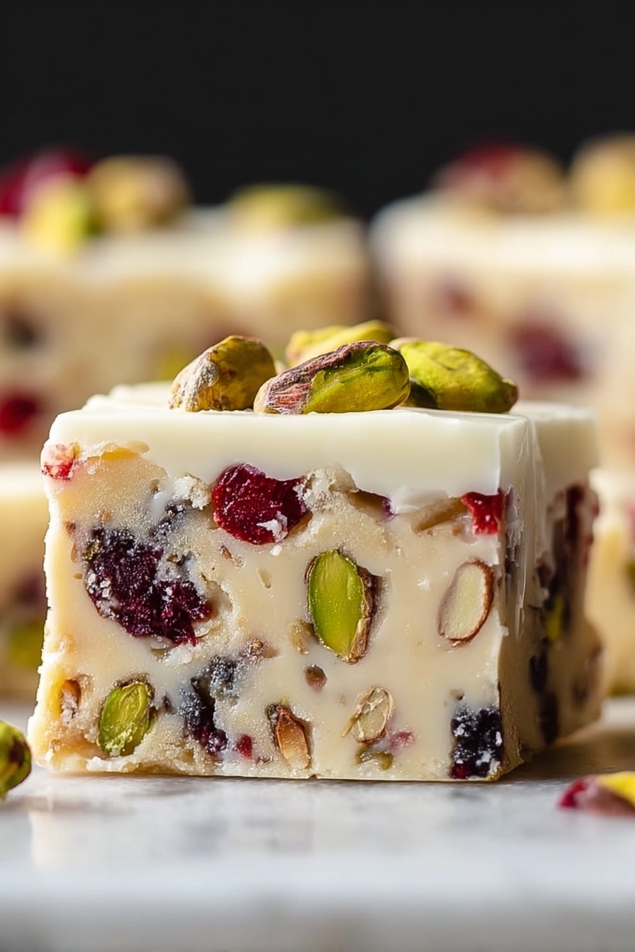 Cranberry Pistachio Shortbread Cookies, shortbread cookie recipe, festive holiday cookies, easy buttery cookies, holiday cookie ideas - A thick, square piece of light beige fudge filled with colorful nuts and dried fruit pieces; the fudge has visible green pistachios, dark red cranberries, and light brown almond bits embedded inside. The top of the fudge is covered with a smooth, white icing layer topped with whole pistachios, showing a shiny and creamy texture. The fudge is placed on a white marbled surface, with soft blurred background colors. photo taken with an iphone --ar 2:3 --v 7
