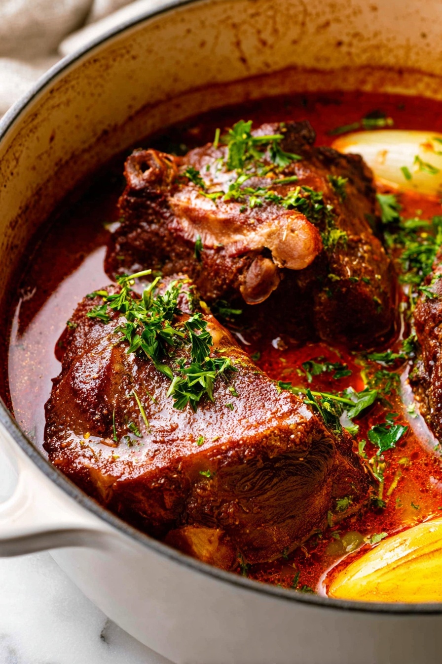 Braised Pork Shoulder with Apples, pork shoulder apple stew, comforting pork recipes, easy fall dinner ideas, slow braised pork with apples - The image shows two large chunks of brown cooked meat with a slightly crispy and glistening surface, sitting in a light red sauce inside a white pot. Fresh green parsley sprigs are placed around the meat, adding a touch of color. Some slices of light yellow vegetables are partially submerged in the sauce, creating a layered look. The white pot contrasts with the rich colors of the sauce and meat, and it rests on a white marbled surface. photo taken with an iphone --ar 2:3 --v 7