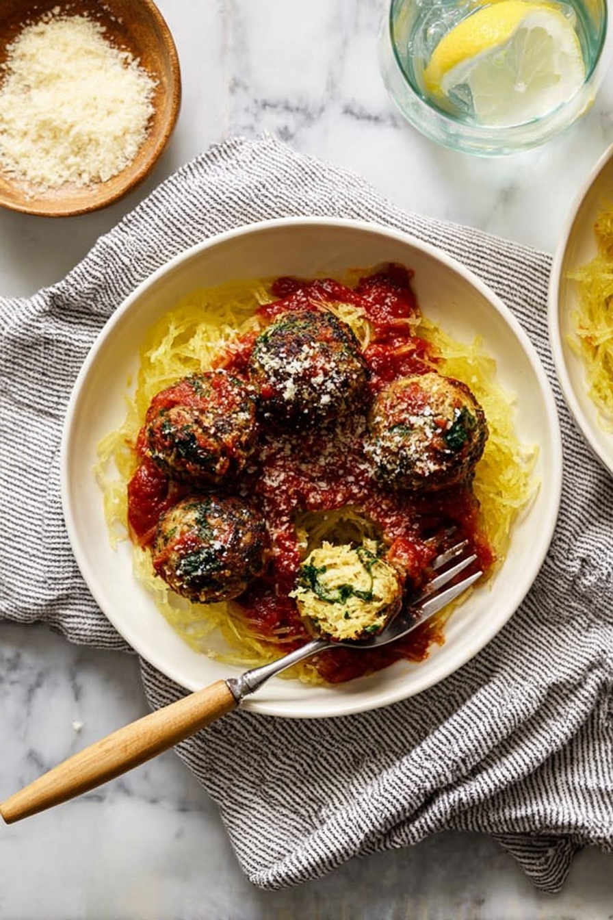 Chicken Florentine Meatballs, Chicken Florentine Meatballs with Spaghetti Squash, healthy Italian meatballs, low-carb chicken meatballs, spinach and parmesan meatballs - A white bowl sits on a white marbled surface with a gray and white striped cloth underneath, filled with a yellow spaghetti squash layer at the bottom that looks soft and stringy. On top, there is a thick red tomato sauce spread unevenly, covering parts of the squash. On the sauce, there are five round, golden-brown spinach balls with crispy edges, one of which is cut open showing a green and white filling inside. A silver fork with a wooden handle rests in the bowl, pressing into one of the spinach balls. A small wooden dish of grated cheese and another white bowl with the same dish are partly visible nearby, along with a glass of water with a lemon slice. photo taken with an iphone --ar 2:3 --v 7