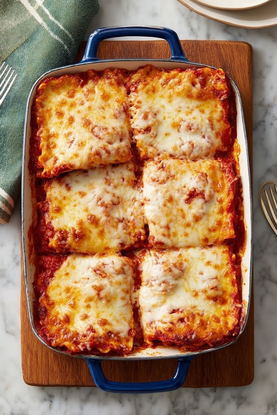 Cheese and Tomato Soup Bake, tomato soup bake, cheesy tomato casserole, comforting soup bake, easy cheesy tomato dish - The image shows a white rectangular baking dish with blue handles filled with six square slices of baked lasagna. Each slice has a top layer of melted golden cheese that is lightly browned in some spots, with a slightly bubbled and textured surface. Beneath the cheese layer, a rich red tomato sauce is visible along the edges, suggesting multiple layers of sauce and pasta below. The dish is placed on a wooden board, with a white marbled surface underneath. Part of a white plate and a green-striped towel are also visible on the side. photo taken with an iphone --ar 2:3 --v 7