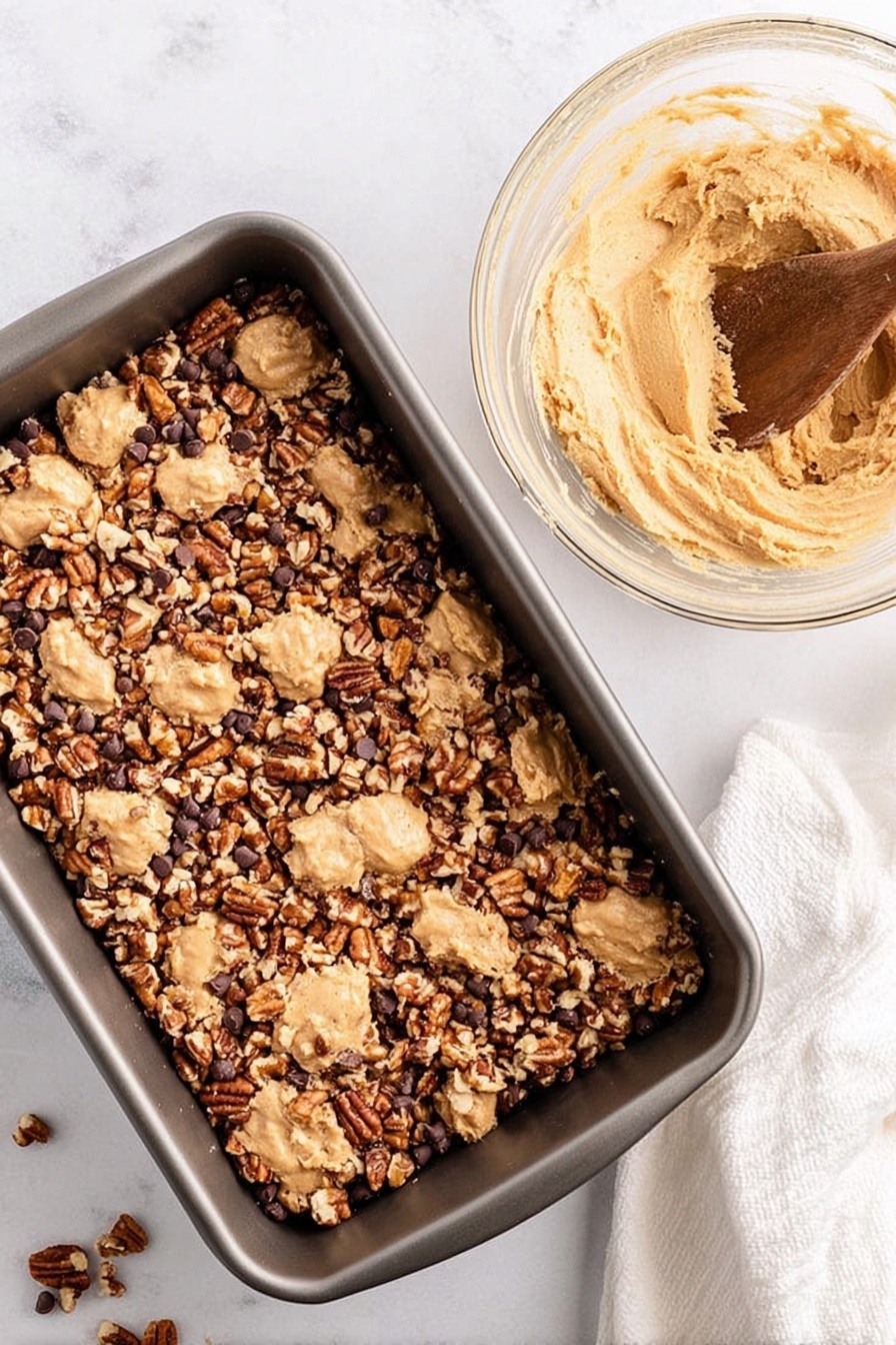 Chocolate Caramel Bars, easy caramel bar recipe, homemade chocolate bars, indulgent dessert bars, caramel and chocolate treats - A dark gray rectangular pan holds a layered dessert with three visible layers: the bottom layer is dark brown, likely chocolate chips, topped with a layer of medium brown nuts scattered evenly, and the top layer is a light tan dough spread unevenly in dollops across the nuts. To the right of the pan, a clear round glass bowl contains some leftover light tan dough with a wooden spoon resting inside. The background is a white marbled surface with a white cloth partially visible in the top right corner. Photo taken with an iphone --ar 2:3 --v 7