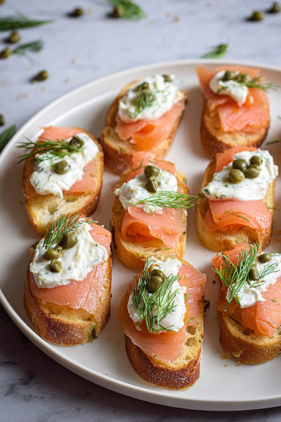 Smoked Salmon Crostini, smoked salmon appetizer, easy smoked salmon bites, elegant party appetizers, quick crostini recipes - The image shows a white plate with several small toasted bread slices arranged in rows. Each slice is topped with three layers: the bottom layer is pinkish-orange smoked salmon with a smooth texture, the middle layer is a dollop of white creamy spread mixed with herbs, and the top layer features a few small green capers and a small sprig of fresh green dill. The plate sits on a white marbled surface with some scattered dill and capers around the edges. photo taken with an iphone --ar 2:3 --v 7