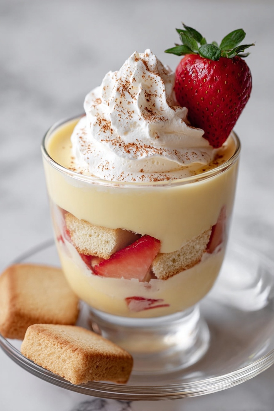 Italian Wine Custard Zabaglione, Zabaglione dessert, Italian custard recipe, wine-infused Italian dessert, easy Italian Zabaglione - This dessert is shown in a clear glass cup with three visible layers. The bottom layer is light yellow creamy pudding with sliced strawberries pressed against the glass. The middle layer has sponge cake pieces soaked in the pudding, breaking the smooth texture. The top layer is a thick swirl of white whipped cream, sprinkled lightly with brown cinnamon powder, and topped with a half strawberry with green leaves. The glass cup sits on a clear white plate with a light brown biscuit beside it, all on a white marbled surface. Photo taken with an iphone --ar 2:3 --v 7