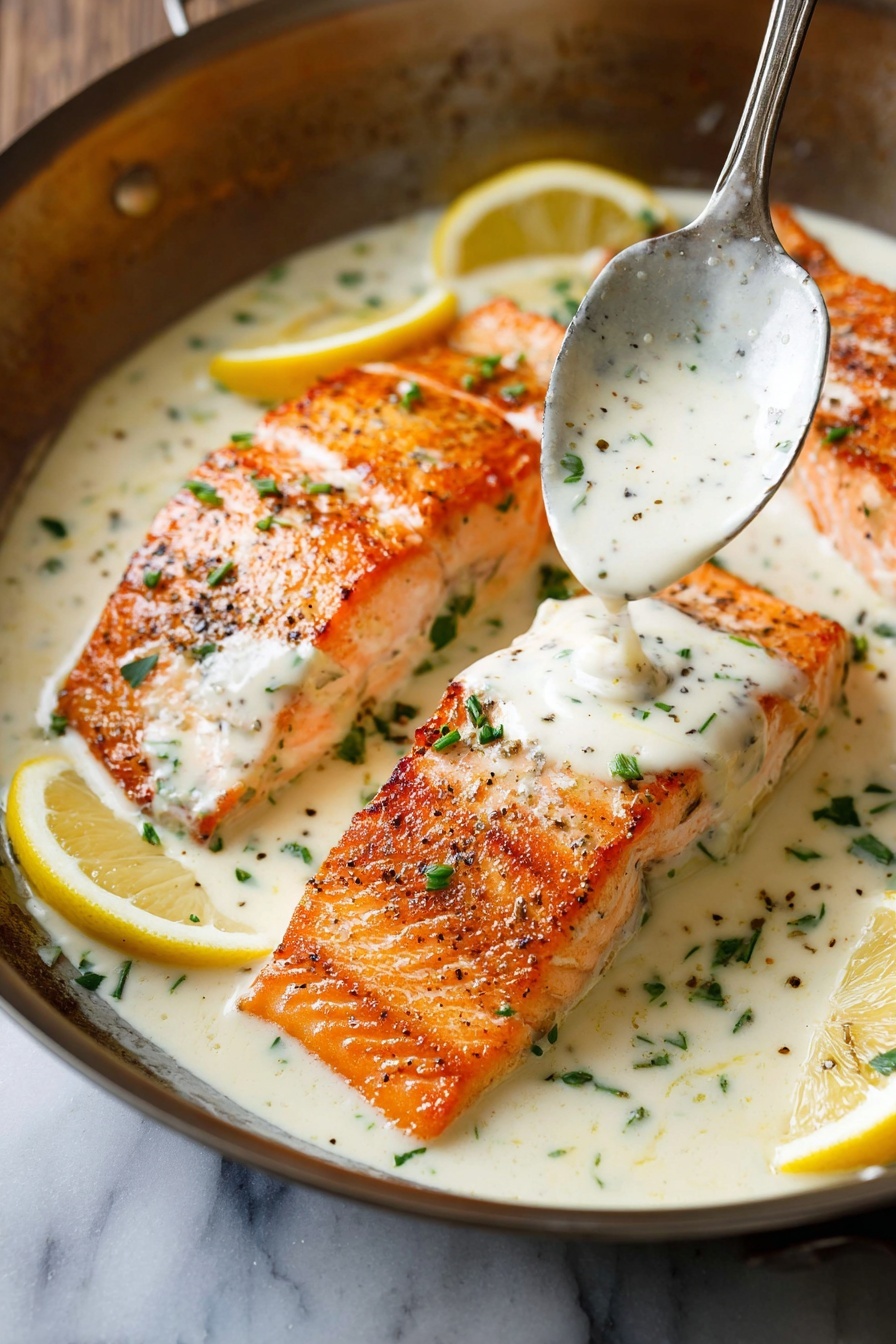 Creamy Salmon Piccata, Salmon Piccata with Lemon and Capers, Fast Salmon Dinner, Elegant Fish Recipes, Easy Salmon Meals - The image shows three cooked salmon fillets in a pan with a creamy white sauce. Each fillet is a bright orange color with a slightly crispy, browned surface and is sprinkled with small green herbs. The sauce is thick and white with herbs and pepper mixed inside, covering parts of the salmon and filling the pan around them. There are small lemon wedges, light yellow in color, placed in the sauce near the fillets. A silver spoon is pouring more sauce over one fillet on the right side. The surface underneath the pan is a white marbled texture. Photo taken with an iphone --ar 2:3 --v 7