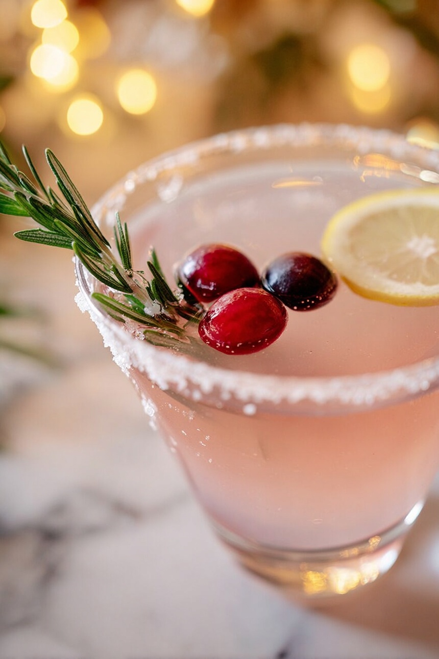 Festive Lemon Drop Cocktail, lemon drop cocktail, holiday cocktail recipes, festive drinks, cranberry lemon cocktail - A clear cocktail glass with a sugar rim holds a pale pink drink. Inside the drink near the surface are three shiny berries—two red and one dark purple—along with a green rosemary sprig laying flat. A thin lemon slice is placed on the edge of the glass. The glass is shown close up on a white marbled surface with soft, blurred warm lights in the background. photo taken with an iphone --ar 2:3 --v 7