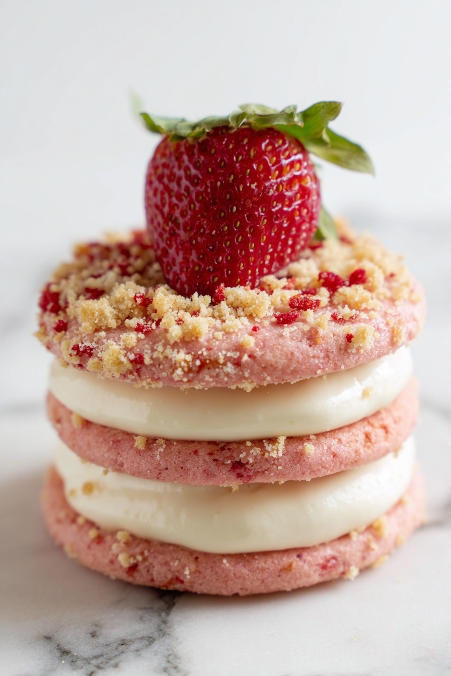 Strawberry Crunch Cookies with Cream Cheese Frosting, strawberry cookie recipes, cream cheese frosting desserts, fruit-topped cookie recipes, crunchy berry cookies - A three-layer pink cookie stack with two layers of smooth white cream filling in between. Each cream layer is topped with small red and beige crumbly bits. The top layer of cream is decorated with a whole fresh red strawberry with green leaves. The dessert sits on a white marbled surface, and the photo is taken close up, showing the soft and crumbly texture of the cookies and the creamy filling. photo taken with an iphone --ar 2:3 --v 7