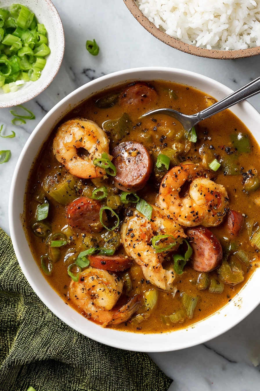 Shrimp and Sausage Cajun Gumbo, Cajun Gumbo with Shrimp and Sausage, Spicy Cajun Seafood and Sausage Stew, Hearty Shrimp and Sausage Gumbo Recipe, Louisiana Cajun Gumbo - A white bowl filled with a thick brown stew containing visible shrimp, sliced sausage, and chopped green vegetables like okra and green onions. The stew has a rich, slightly oily texture with black pepper sprinkled on top. A metal spoon rests inside the bowl, partially submerged in the stew. Next to the bowl is a small white bowl of chopped green onions and part of a white plate with white rice in the background, all set on a white marbled surface with a green textured cloth nearby. photo taken with an iphone --ar 2:3 --v 7
