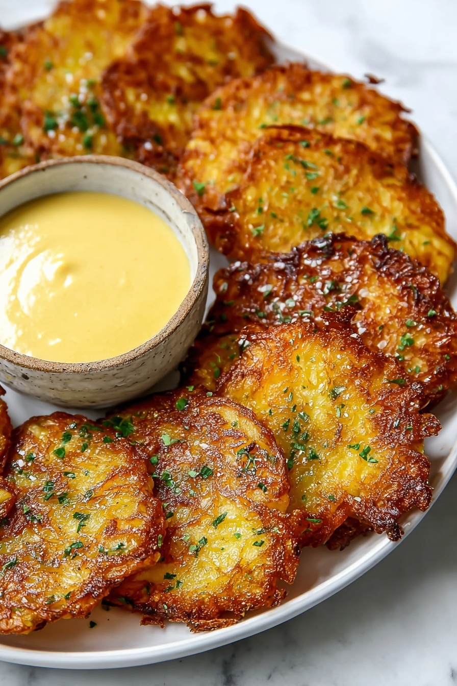Cheese Crusted Yukon Gold Potatoes, baked cheese potatoes, crispy cheese potato crust, roasted garlic aioli with cheese crust, Yukon Gold potato side dish - A white plate holds several crispy, golden-brown potato pancakes with rough, crunchy edges and a slightly patterned surface, sprinkled lightly with green herbs. On the side of the plate, there is a small ceramic bowl filled with smooth, creamy, pale yellow sauce. The plate is set on a white marbled surface, creating a clean and bright background. Photo taken with an iphone --ar 2:3 --v 7