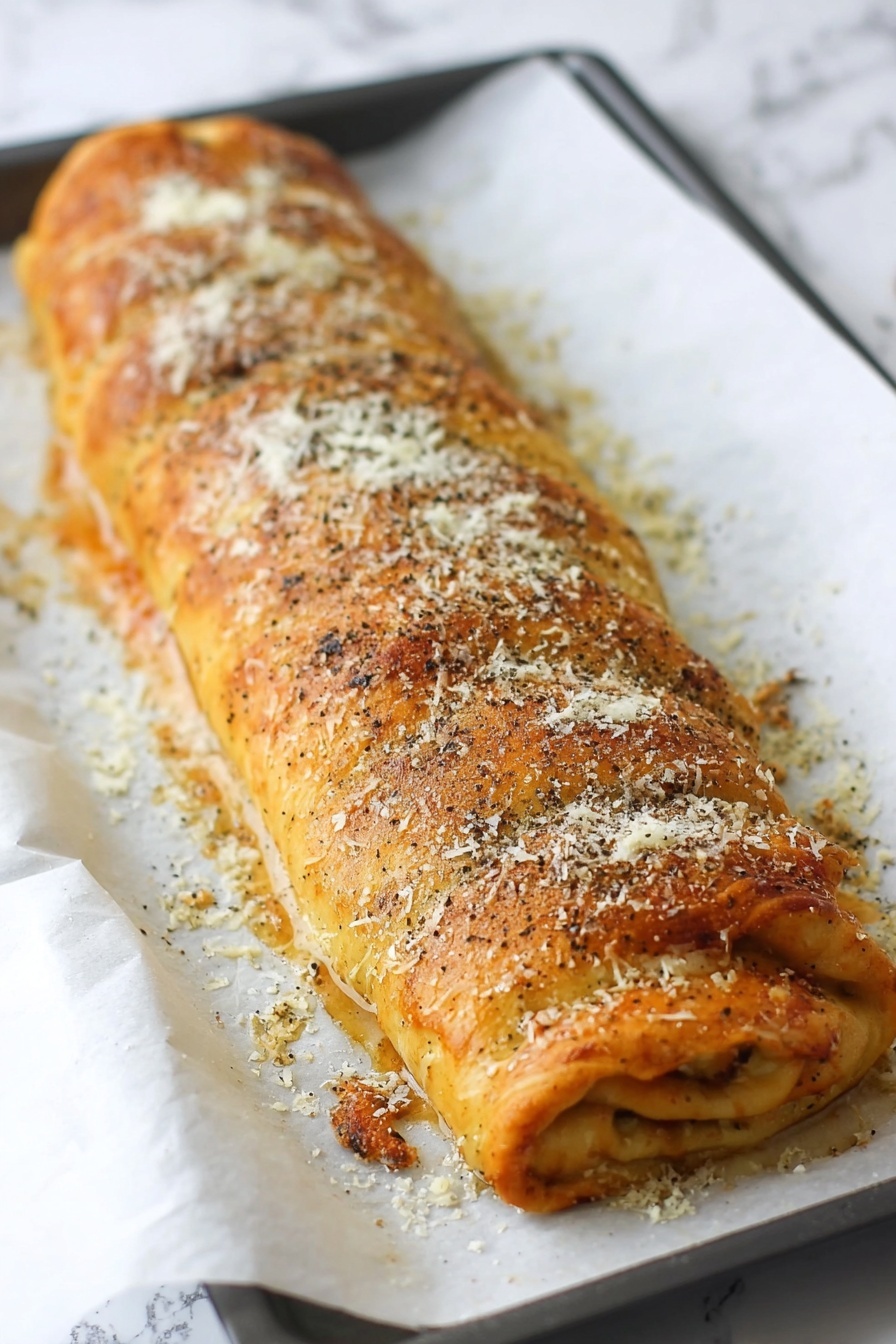 Warm Pepperoni Rolls with Mozzarella, cheesy pepperoni roll recipe, easy savory snack, soft dough pizza rolls, quick appetizer ideas - A long, golden-brown rolled bread sits on white parchment paper in a baking tray. The bread surface is sprinkled with white grated cheese and black pepper, giving it a textured look. The edges show some melted cheese oozing out slightly, and the roll looks soft but crispy on top with uneven browning. The tray rests on a white marbled surface. photo taken with an iphone --ar 2:3 --v 7