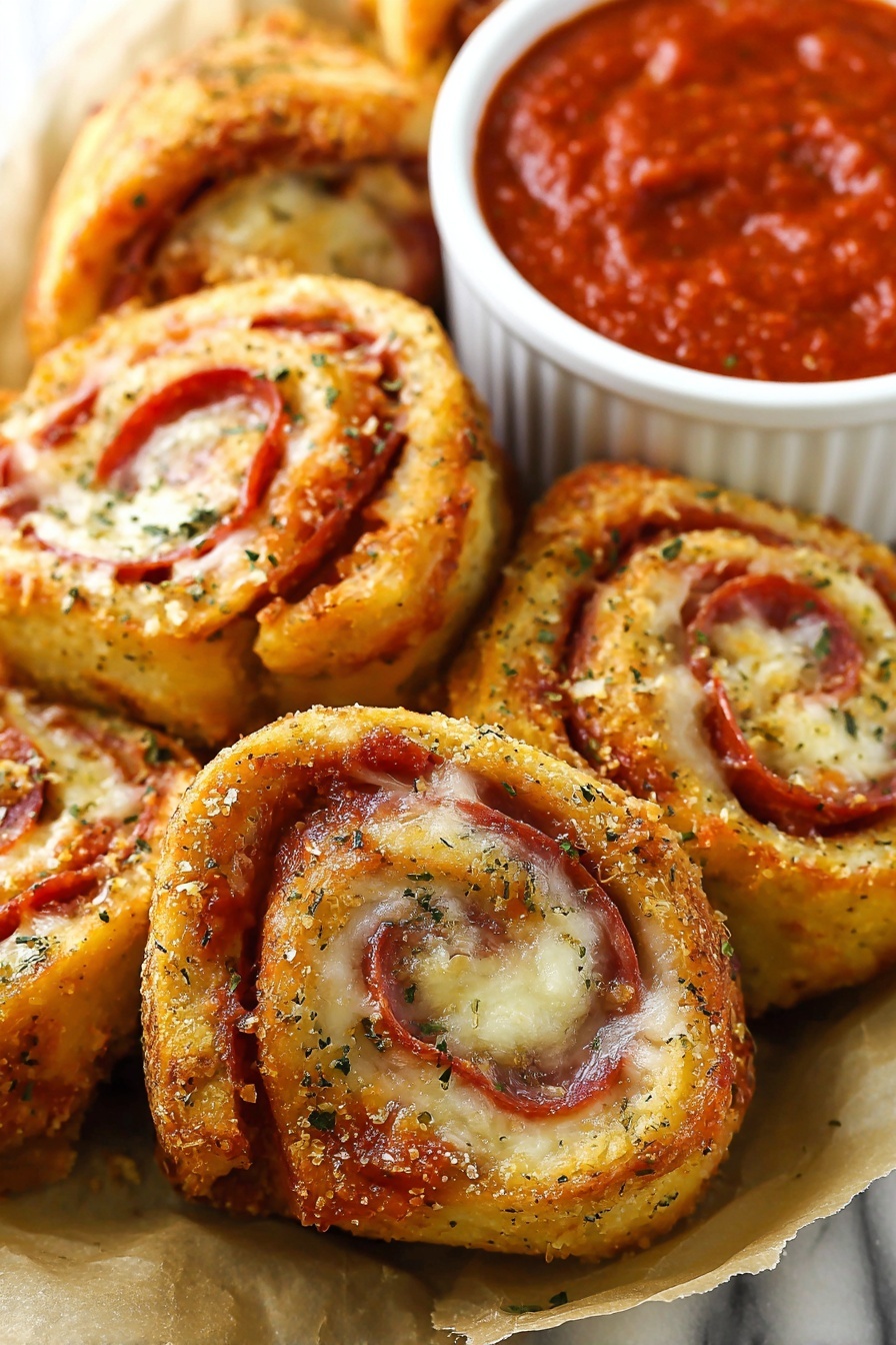 Warm Pepperoni Rolls with Mozzarella, cheesy pepperoni roll recipe, easy savory snack, soft dough pizza rolls, quick appetizer ideas - The image shows several golden-brown pizza rolls arranged closely on a light brown parchment paper. Each roll has a crispy outer crust sprinkled with herbs and parmesan, and inner layers of red pepperoni slices and white melted cheese, swirled in a spiral. A small white bowl filled with thick bright red marinara sauce is placed among the pizza rolls. The background is a white marbled texture. Photo taken with an iphone --ar 2:3 --v 7
