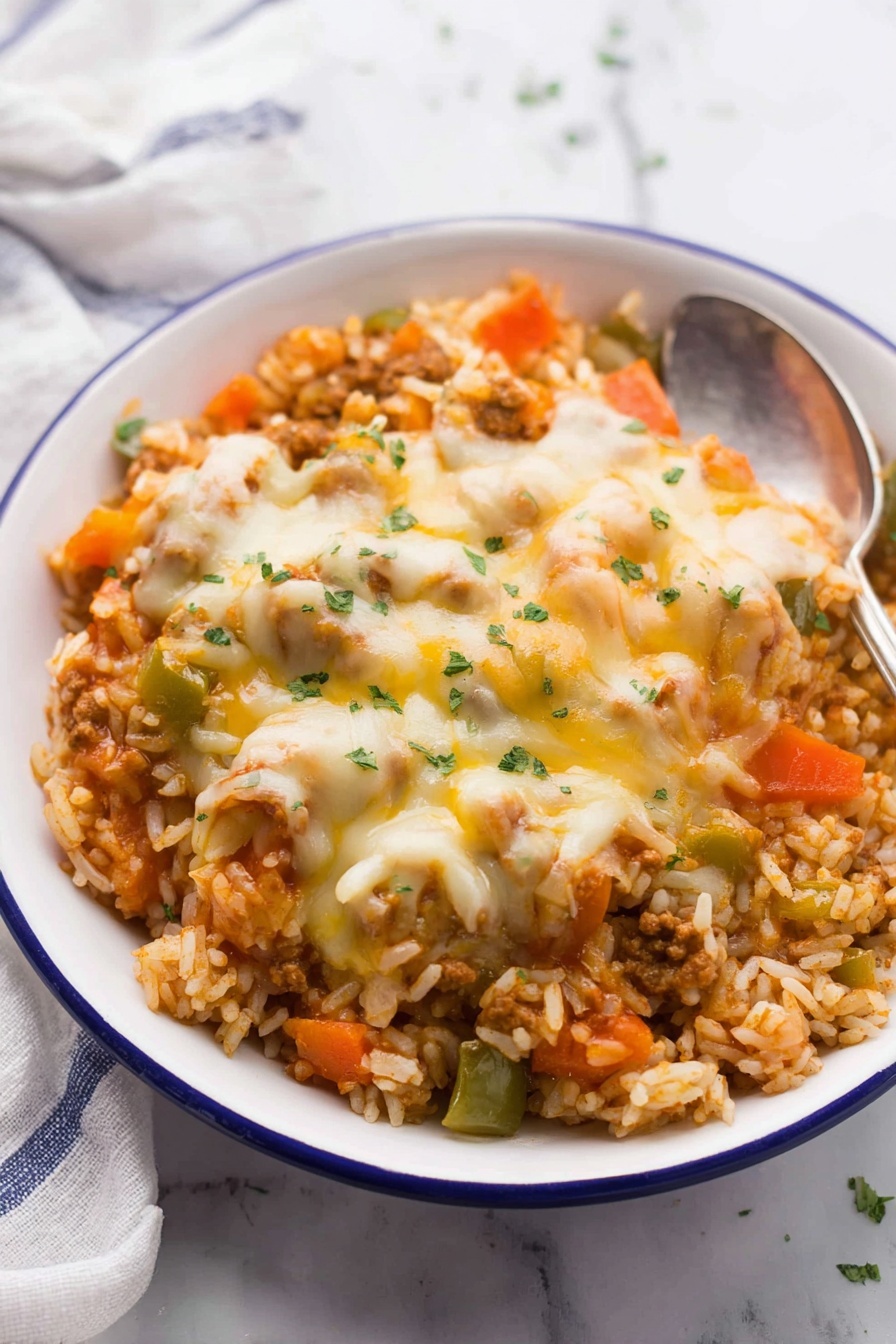 Stuffed Pepper Casserole with Sausage and Rice, easy stuffed pepper casserole, healthy sausage and rice skillet, comforting weeknight dinner, one-pan stuffed pepper recipe - A white bowl with a blue rim holds a layered dish that has a base of cooked white rice mixed with small pieces of orange carrots and green bell peppers. On top of this, there are mounds of melted light yellow cheese scattered unevenly, partially hiding bits of ground meat mixed with the rice and vegetables. The dish is garnished with small sprinkles of chopped green herbs. The bowl sits on a white marbled surface next to a silver spoon resting inside the bowl and a white and blue striped cloth nearby. photo taken with an iphone --ar 2:3 --v 7