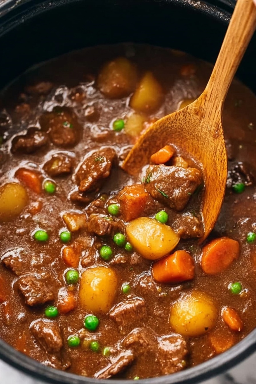 Slow Cooker Beef Stew, hearty beef stew, easy beef stew recipe, comforting slow cooker recipes, homemade beef stew - A close-up view of a black pot filled with thick brown stew that has a shiny, smooth surface. Inside the stew, there are many chunks of tender-looking brown meat scattered throughout. Bright orange carrot pieces, small round yellow potatoes, and green peas are mixed evenly in the stew, adding color contrast. A woman's hand is holding a wooden spoon stirring the stew, lifting some pieces of meat and vegetables above the surface. The background is a white marbled texture. Photo taken with an iphone --ar 2:3 --v 7