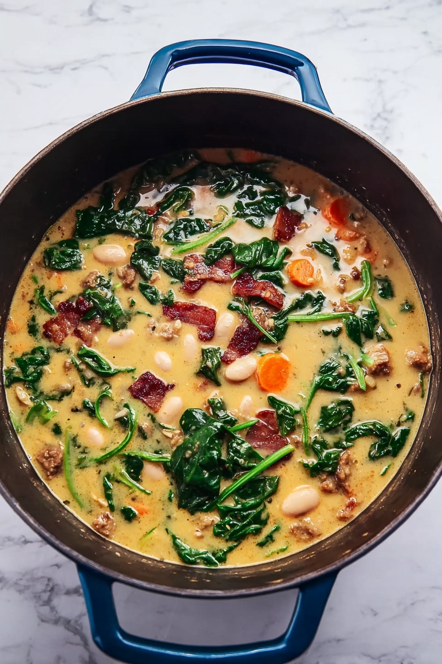 Butternut Squash and Sausage Soup, hearty fall soup, creamy butternut squash soup, sausage and bacon soup, comforting winter recipes - A large dark pot with blue handles is filled with a creamy light yellow soup. Inside the soup, there are bright green leafy vegetables floating across the surface, along with chunks of orange carrots and small pieces of browned meat scattered evenly. The soup has a thick texture with visible ingredients mixed in. The pot is sitting on a white marbled surface. photo taken with an iphone --ar 2:3 --v 7