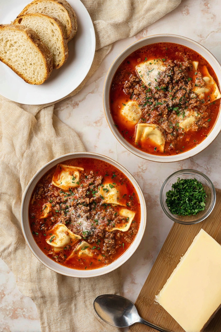 Cheese Ravioli Soup with Beef, hearty cheese ravioli soup, easy beef and ravioli soup, comforting Italian soup, quick ravioli beef soup - The image shows two white bowls filled with ravioli soup, each bowl holding three visible layers: a bright red tomato broth base with a smooth texture, soft triangular ravioli pieces with a light cream color floating near the top, and browned ground meat sprinkled generously over the ravioli with some green parsley on top for color contrast. To the left, there is a white plate with three slices of toasted bread stacked slightly on each other. The scene is set on a white marbled surface with a beige cloth loosely placed behind the bowls. In the lower right corner, a wooden board has a large block of pale yellow cheese next to a silver spoon, while next to it is a small clear bowl filled with chopped green herbs. photo taken with an iphone --ar 2:3 --v 7