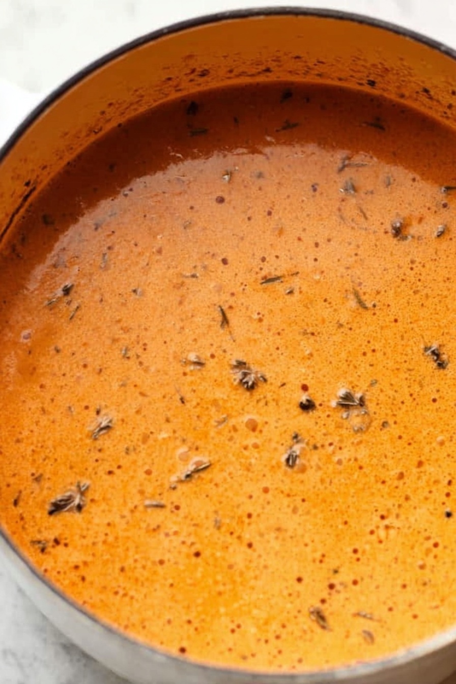 Creamy Lobster Bisque, lobster bisque recipe, seafood soup, luxurious lobster bisque, how to make lobster bisque - A close-up view of a pot filled with a thick orange soup that has a creamy texture. The soup contains small bits of dark brown or black herbs scattered throughout. The surface of the soup is smooth with visible tiny bubbles and specks, showing a rich and hearty mixture. The pot is sitting on a white marbled surface, and no utensils or other items are around. Photo taken with an iphone --ar 2:3 --v 7