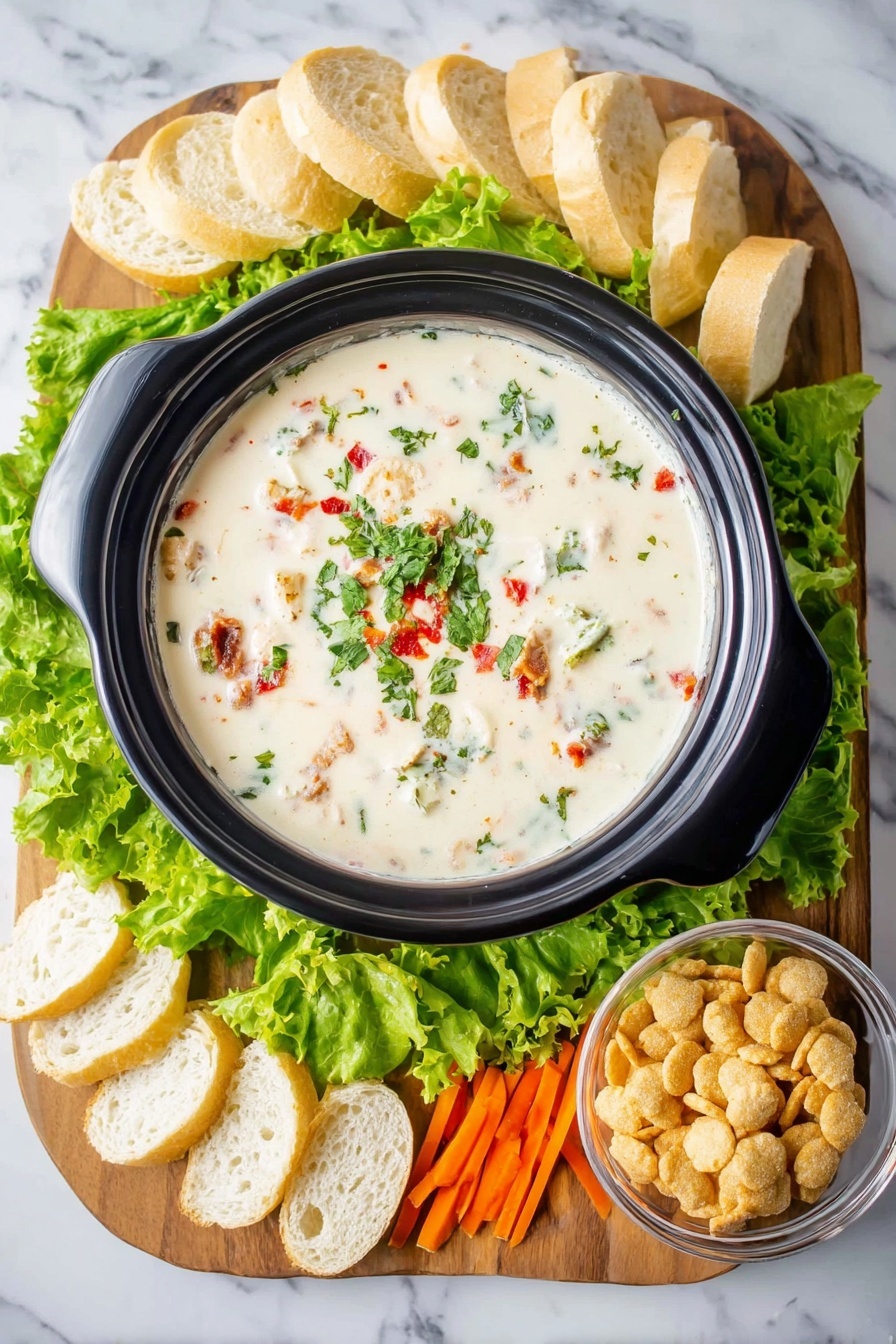 Creamy Clam Chowder, best clam chowder, hearty seafood soup, easy clam chowder recipe, comforting seafood soup - A black bowl sits in the center of the image filled with creamy white soup that has green herbs, red pepper bits, and small pieces of meat floating on top. Around the bowl is a white wooden platter lined with fresh green lettuce leaves mixed with shredded orange carrots. On the top and bottom edges of the platter, there are multiple slices of white bread with a soft texture and light brown crust. To the right side of the platter is a small clear glass bowl full of oyster crackers. The whole setup is placed on a white marbled surface. Photo taken with an iphone --ar 2:3 --v 7