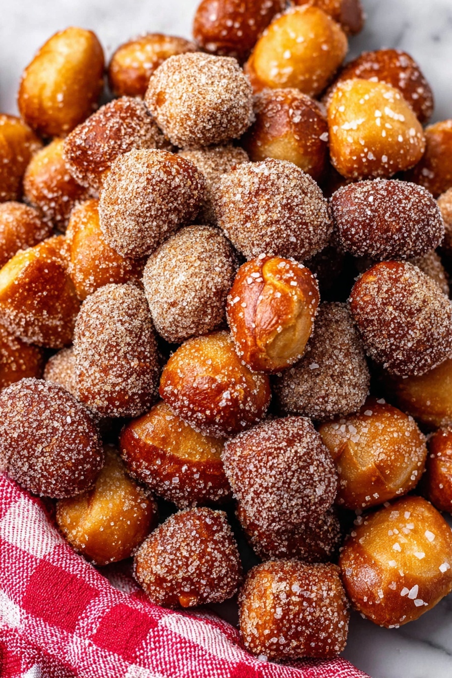 Soft Pretzel Bites, Soft Pretzel Bites Recipe, Easy Pretzel Bites, Chewy Pretzel Bites, Salty Snack Ideas - The image shows a pile of small, golden brown pretzel bites on a white marbled surface. There are two types of pretzel bites: one group is coated with a layer of sugar and cinnamon, giving them a rough, grainy texture in light brown and white colors, while the other group is topped with large grains of salt, showing a smooth, shiny surface with a deep golden brown color. The pretzel bites are closely packed in the center, with salted ones surrounding the pile like a border. A red and white checkered cloth is visible in the bottom left corner of the image, adding a splash of color. Photo taken with an iphone --ar 2:3 --v 7