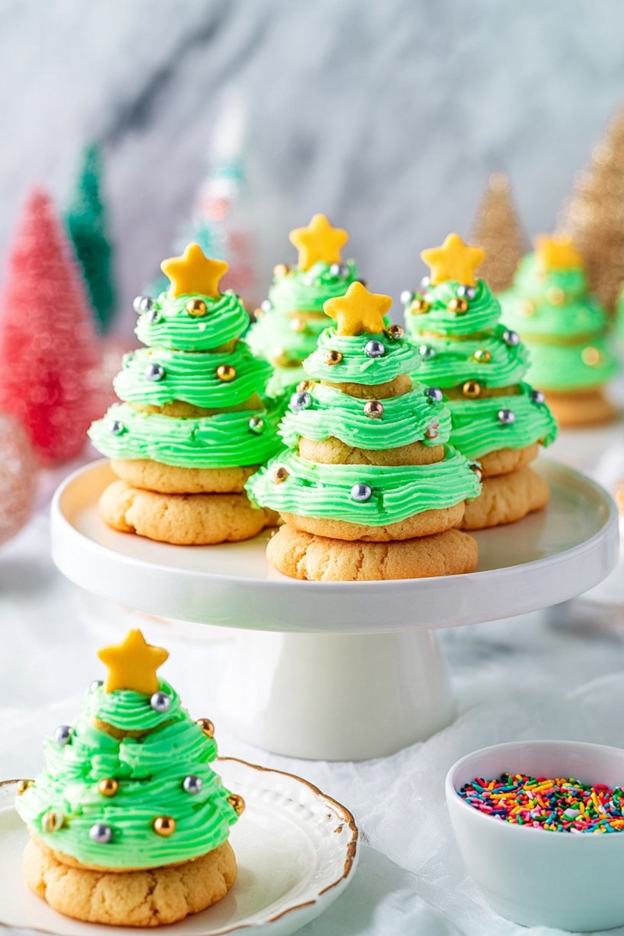 Christmas Tree Cookie Stackers, festive holiday cookies, Christmas cookie ideas, holiday cookie decorating, easy Christmas cookies - The image shows small Christmas tree-shaped desserts arranged on a white cake stand. Each dessert has three layers of light brown cookie cakes stacked with bright green frosting between each layer, shaped like swirls to give a tree effect. The top layer of frosting is decorated with small round gold and silver sprinkles, and each tree is topped with a small yellow star candy. In the front lower portion of the image, a few more of these desserts sit on a white plate with a gold rim. To the right, there is a small white bowl filled with colorful star-shaped sprinkles. The background is a white marbled surface with blurred festive decorations in the distance. photo taken with an iphone --ar 2:3 --v 7