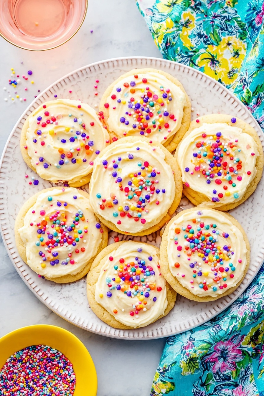 Confetti Cake Mix Cookies, colorful sprinkles cookies, easy cake mix cookie recipe, festively decorated cookies, chewy fun dessert - The image shows seven round cookies placed closely on a white plate with a subtle patterned edge, all topped with a smooth layer of light cream-colored frosting swirled in a circular pattern. Each cookie is decorated with many small, colorful round and sprinkle-shaped confetti in red, purple, blue, yellow, green, and white, scattered evenly over the frosting. The plate sits on a white marbled surface next to a small yellow bowl filled with more colorful sprinkles and a glass of light pink liquid. A bright blue and green floral patterned cloth partially covers the surface around the plate. Photo taken with an iphone --ar 2:3 --v 7