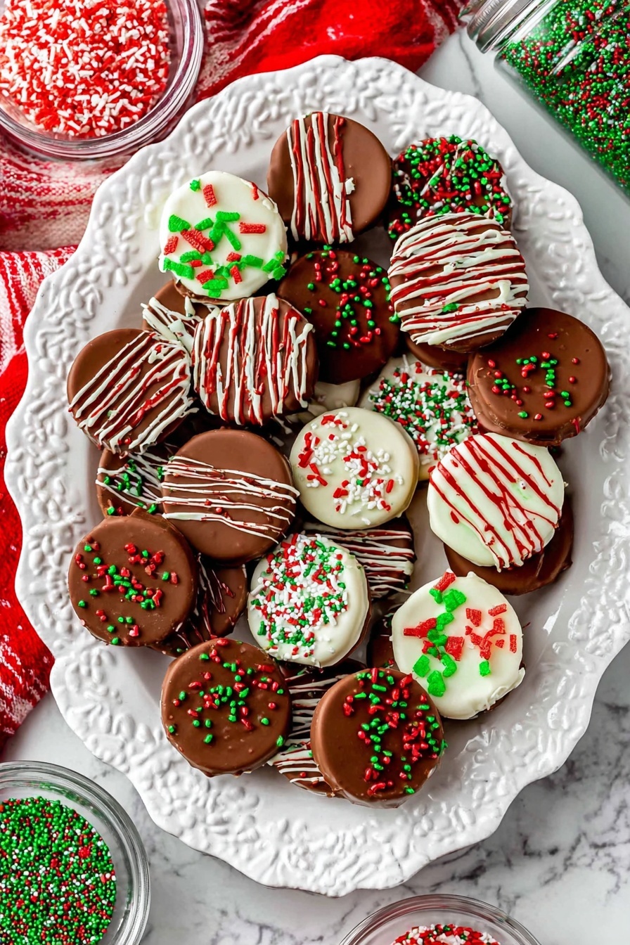 Festive Chocolate Covered Oreos, Christmas Oreo treats, holiday dessert ideas, easy chocolate dipped cookies, holiday party snacks - A white ornate plate with many round chocolate-covered treats arranged in a slightly overlapping manner. Each treat has a smooth chocolate base layer with various decorations on top including green, red, and white sprinkles, small candy shapes, and some are dipped halfway in white chocolate with sprinkles. There are drizzle patterns in red, green, and white icing on several pieces, adding texture and color contrast. Around the plate, small clear bowls hold red, green, and white sprinkles, while a small bottle filled with green and red sprinkles is nearby. The surface beneath everything is a white marbled texture. Photo taken with an iphone --ar 2:3 --v 7