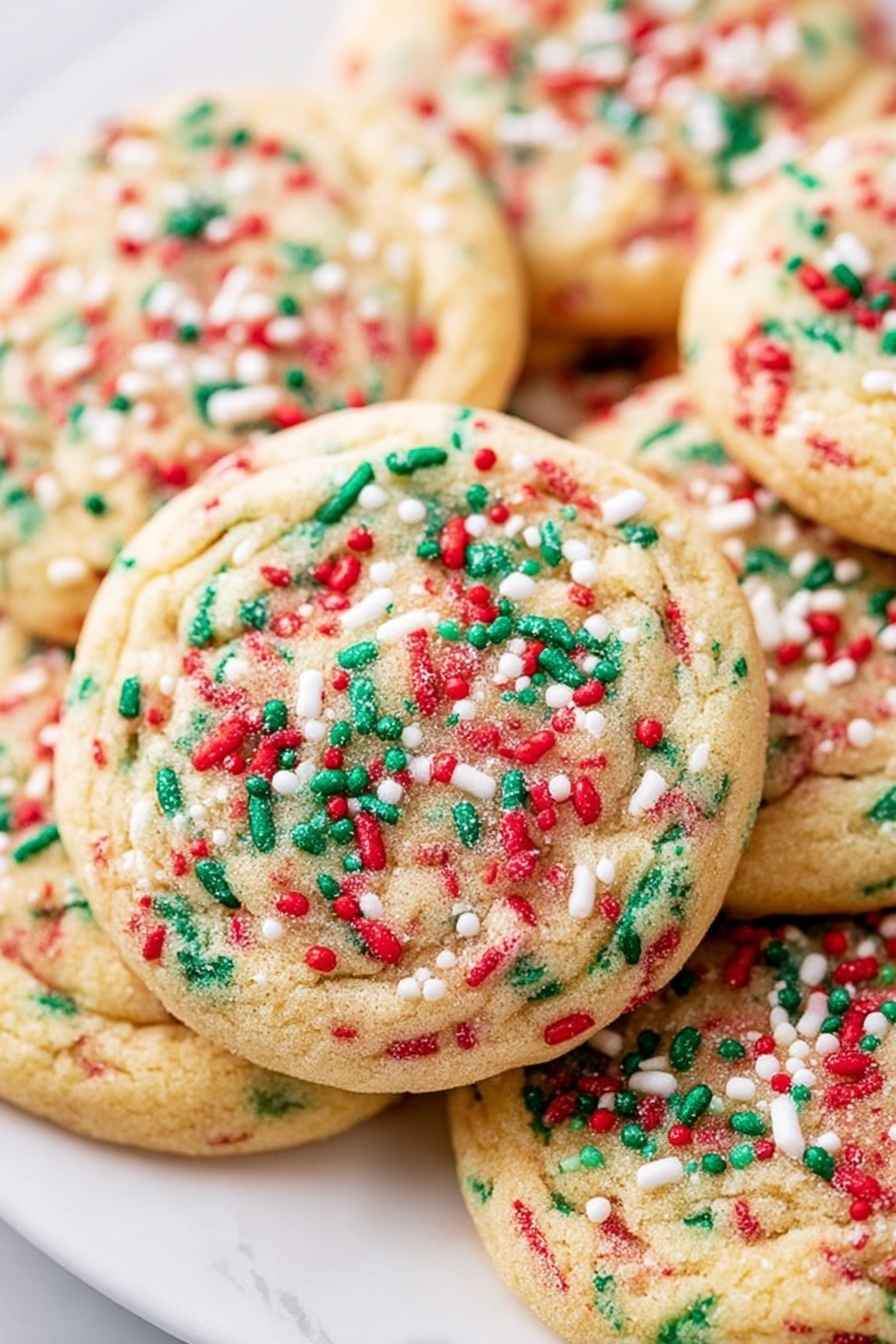No-Roll Christmas Sprinkle Cookies, holiday sprinkle cookies, easy Christmas cookie recipe, no-bake holiday cookies, festive sprinkle sugar cookies - A white plate holds several round cookies with a light golden-brown color. Each cookie has red, green, and white sprinkles spread on top, giving them a festive look. The cookies are close together, slightly overlapping, showing a soft texture with some colorful bits inside the dough. The background and surface are white with a marbled pattern. photo taken with an iphone --ar 2:3 --v 7